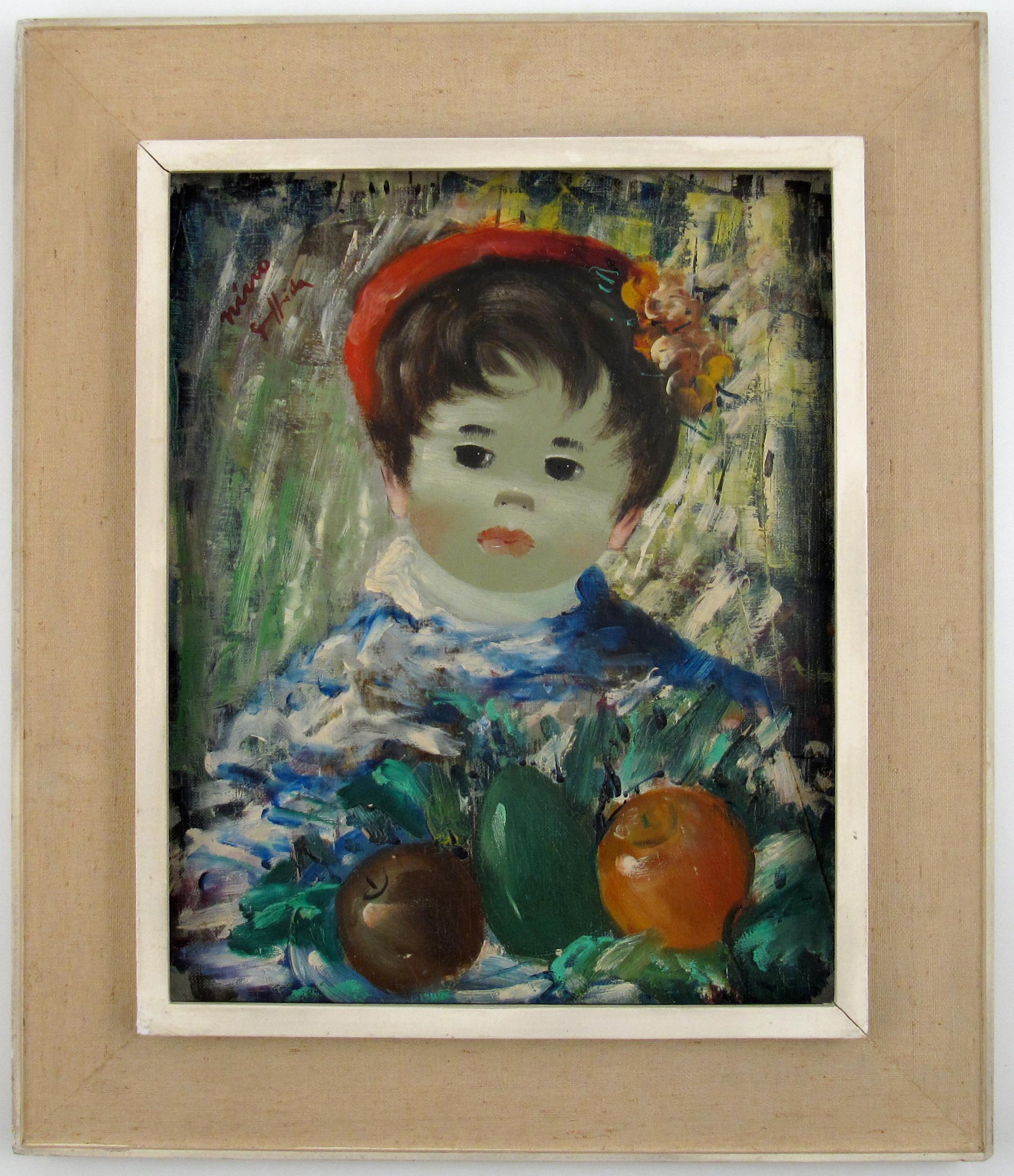 Garçon avec des Fruit - Boy with Fruit - Huile sur toile - Peinture naïve - École française Painting par Nino Giuffrida