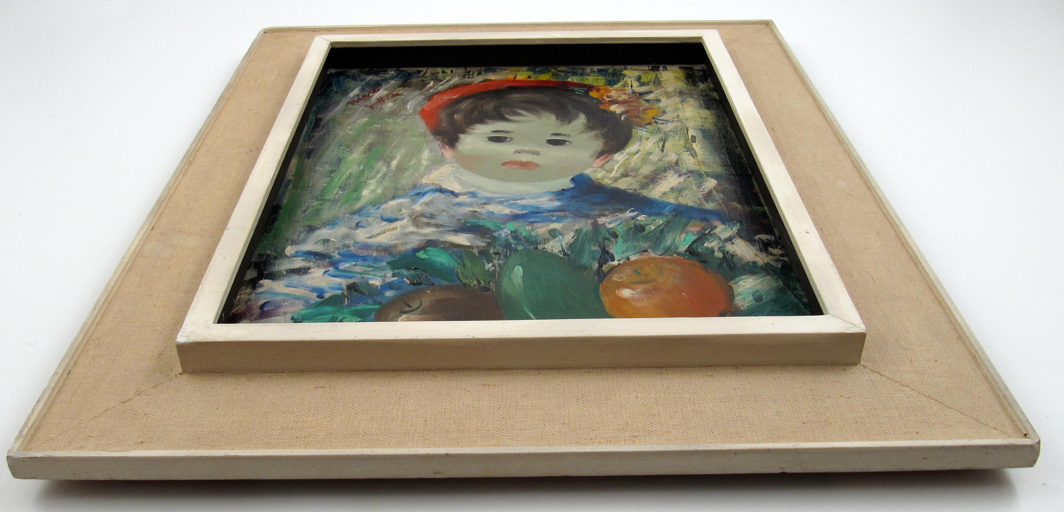 Garçon avec des Fruit - Boy with Fruit - Huile sur toile - Peinture naïve - Marron Portrait Painting par Nino Giuffrida