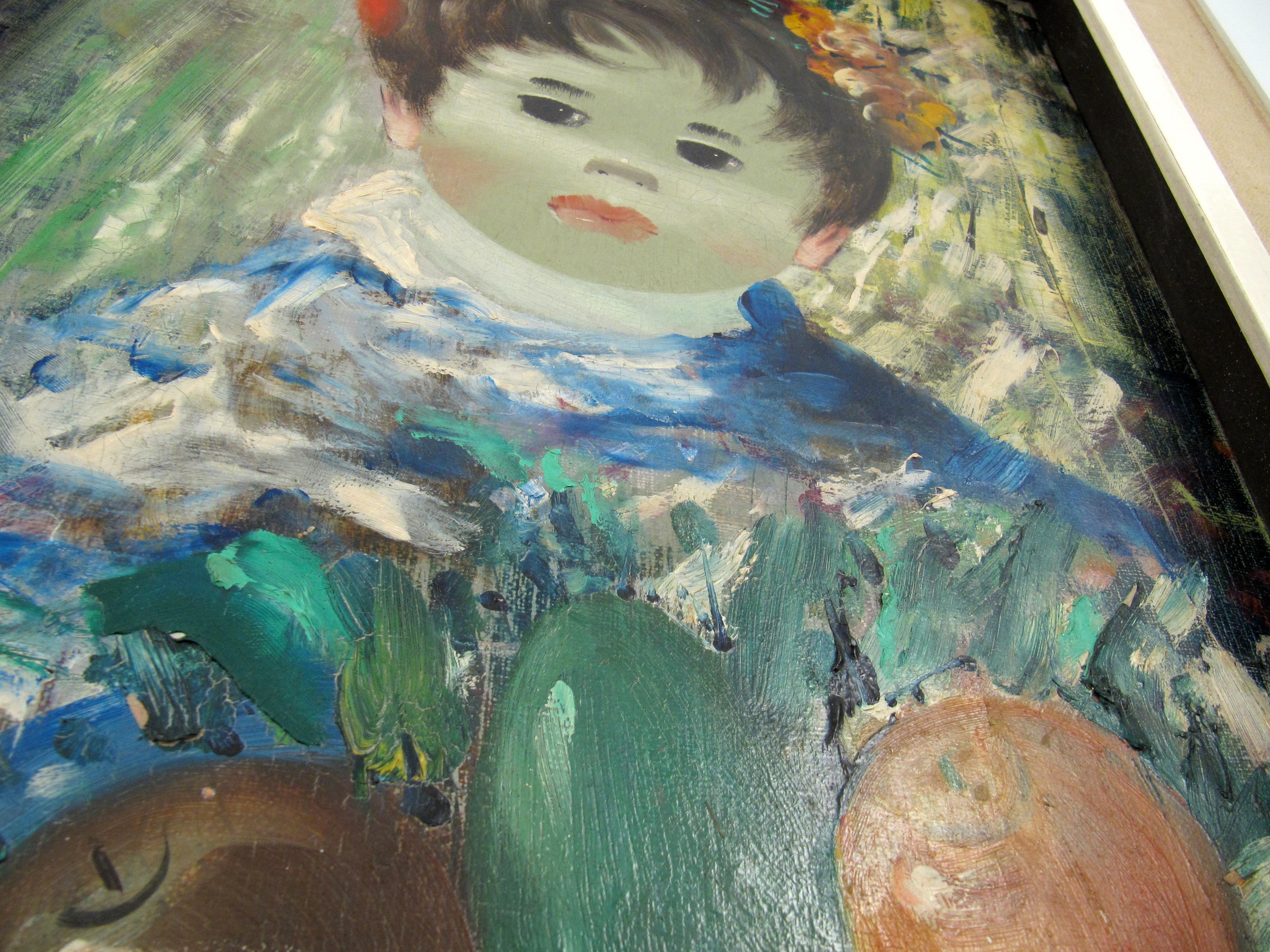 Garçon avec des Fruit - Boy with Fruit - Oil on Canvas - Naive Painting For Sale 2