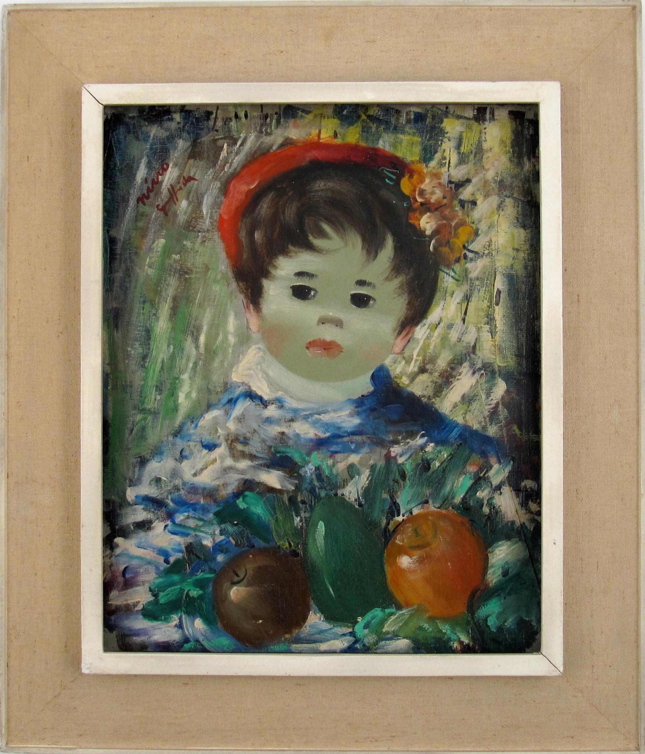 Garçon avec des Fruit - Junge mit Obst - Öl auf Leinwand - Naive Malerei