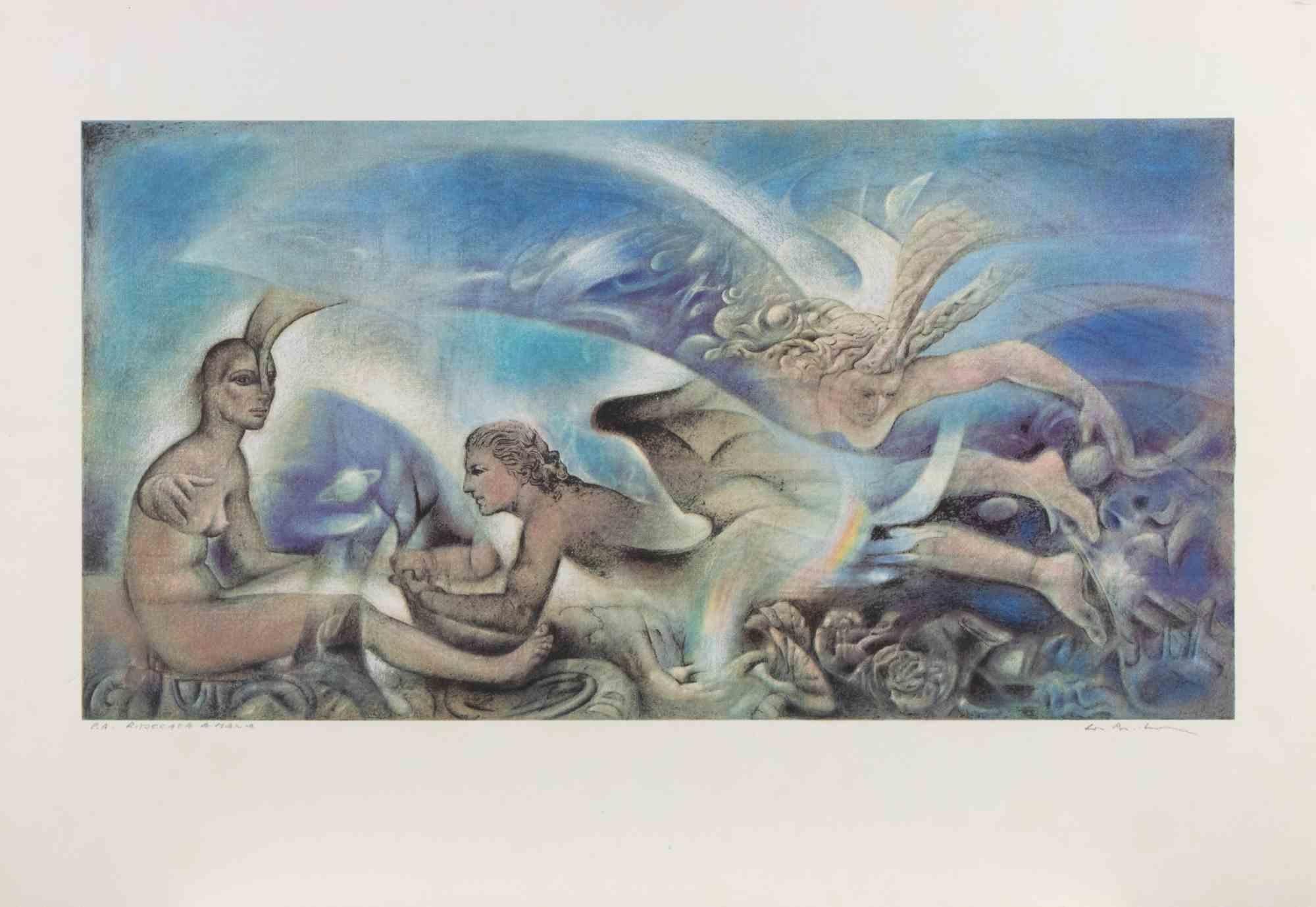 Lithograph on paper.

Hand signed in pencil.

Artist proof.

This evocative composition by Nino La Barbera unfolds as a dreamlike, mythological tableau immersed in a luminous atmosphere of blues, violets and soft iridescent tones. Three nude