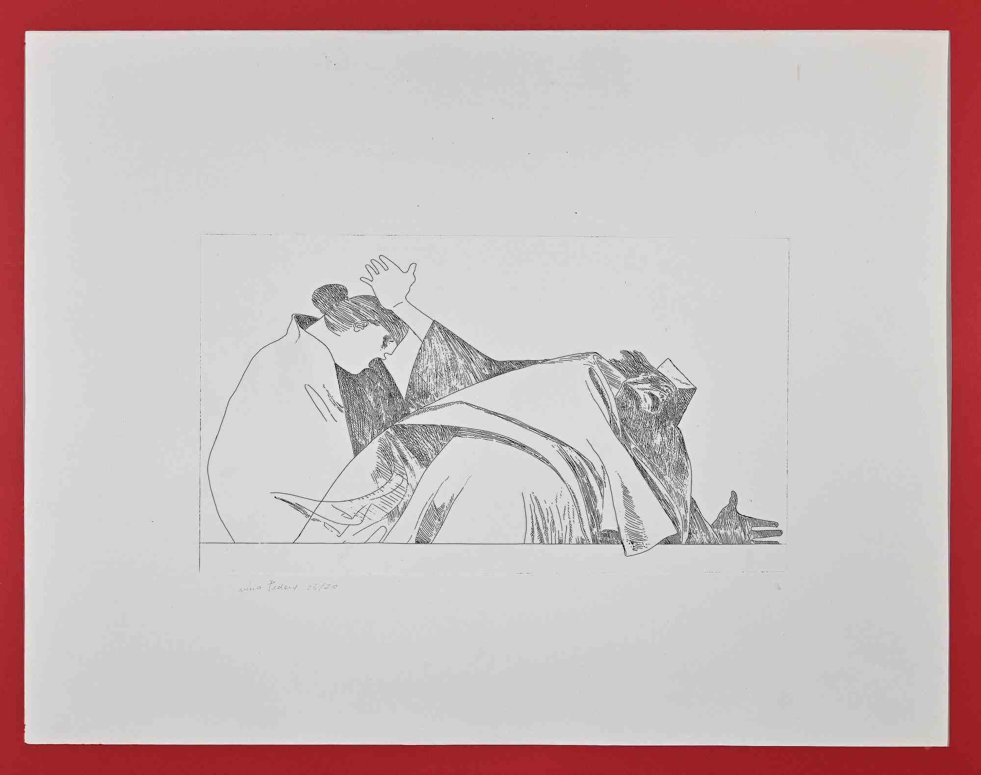 Tragic Composition is an Original etching realized in the 1980s Century by Nino Pedone.

Hand-signed. Numbered, edition,25/70.

Good conditions.

The artwork is depicted through soft strokes in a well-balanced composition.