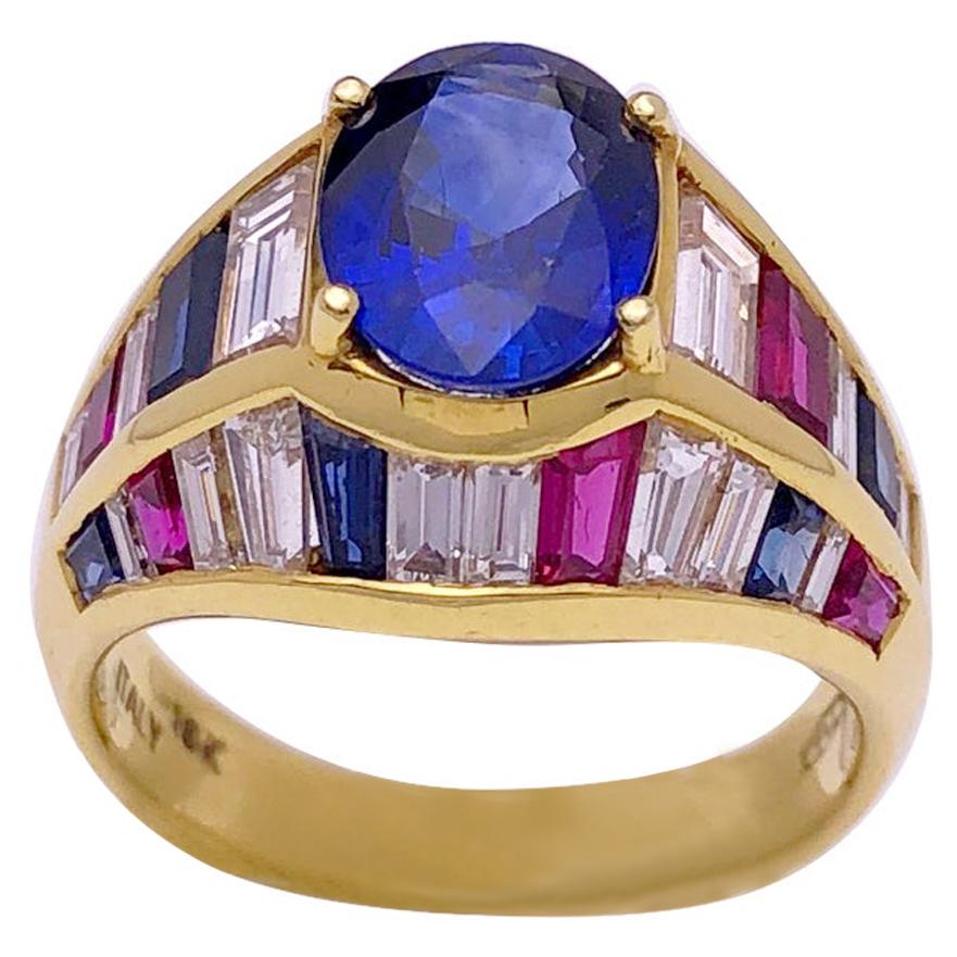 Nino Verita 18 Karat Yellow Gold Ring with Diamonds, Rubies and Sapphires For Sale