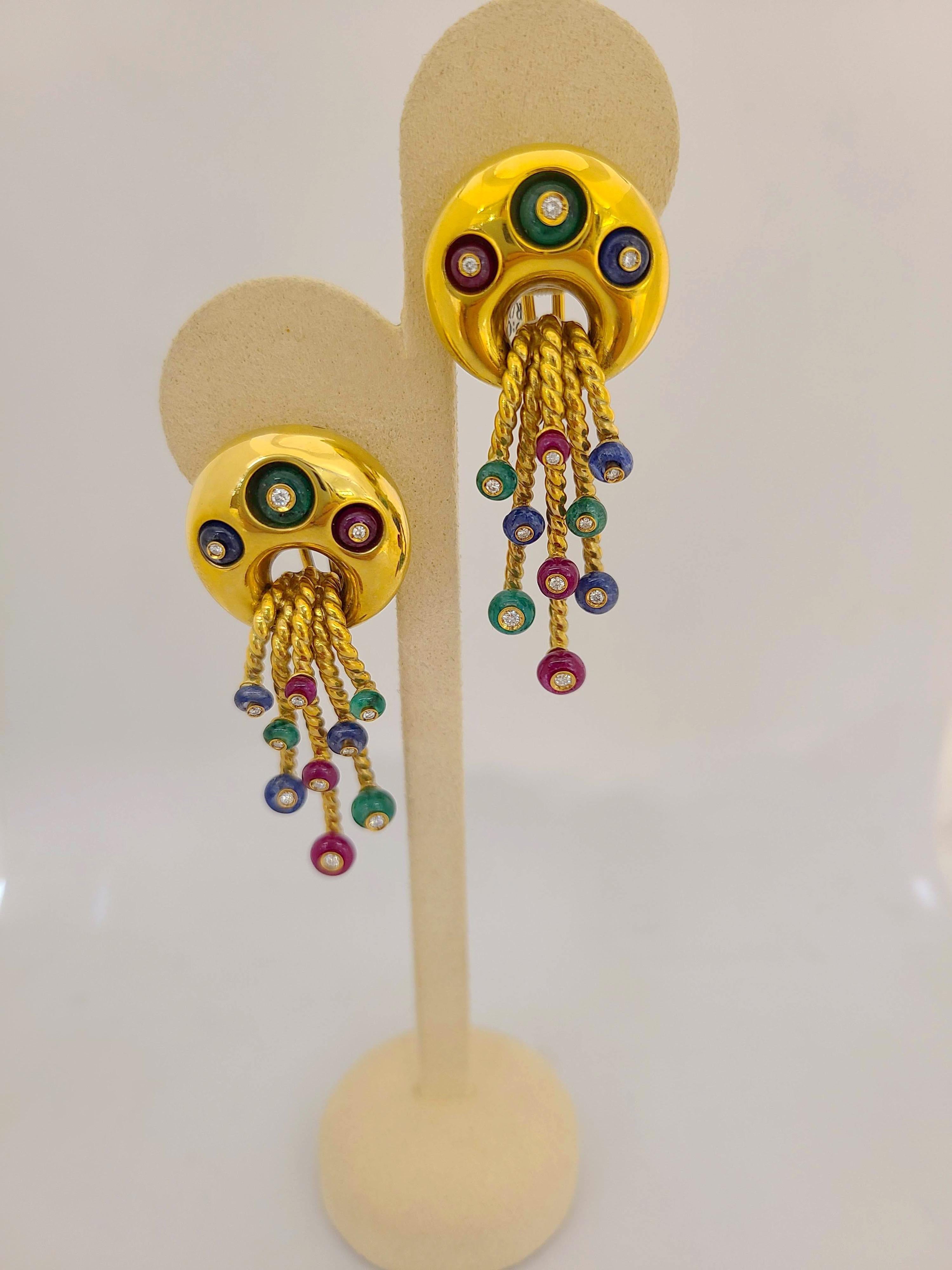 Women's or Men's Nino Verita 18 Karat Yellow Gold, Beaded Precious Gems and Diamond Earrings For Sale