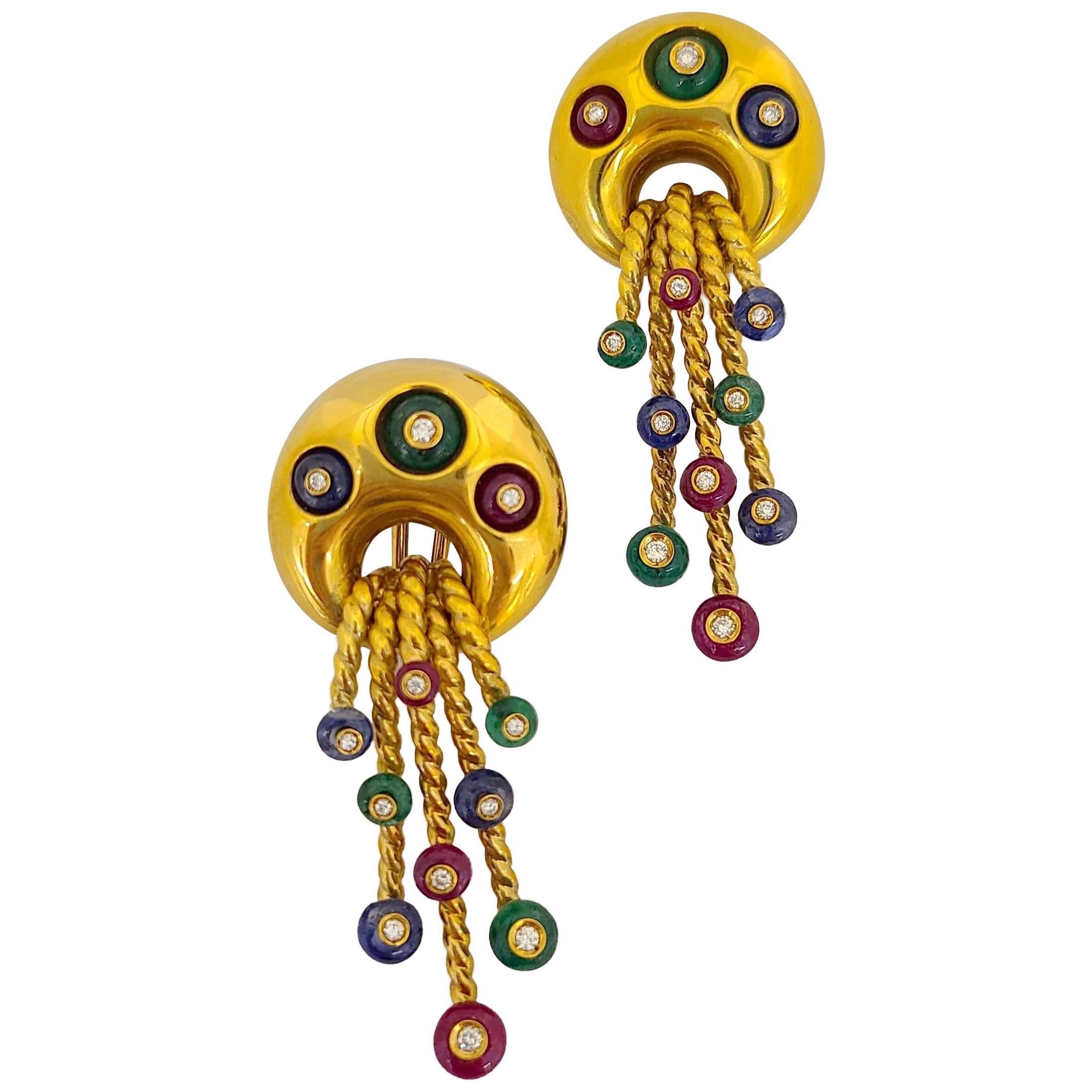 Nino Verita 18 Karat Yellow Gold, Beaded Precious Gems and Diamond Earrings For Sale