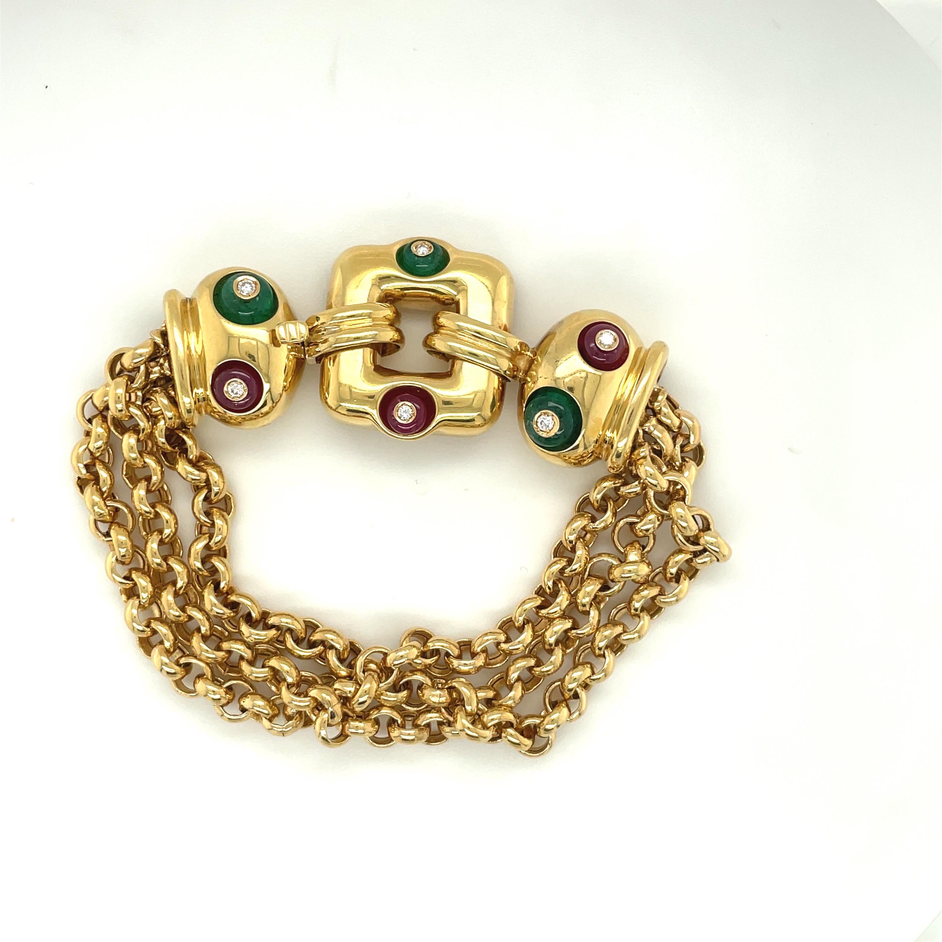 Nino Verita 18kt Yellow Gold Link Bracelet with Diamond, Beaded Ruby & Emerald For Sale 5