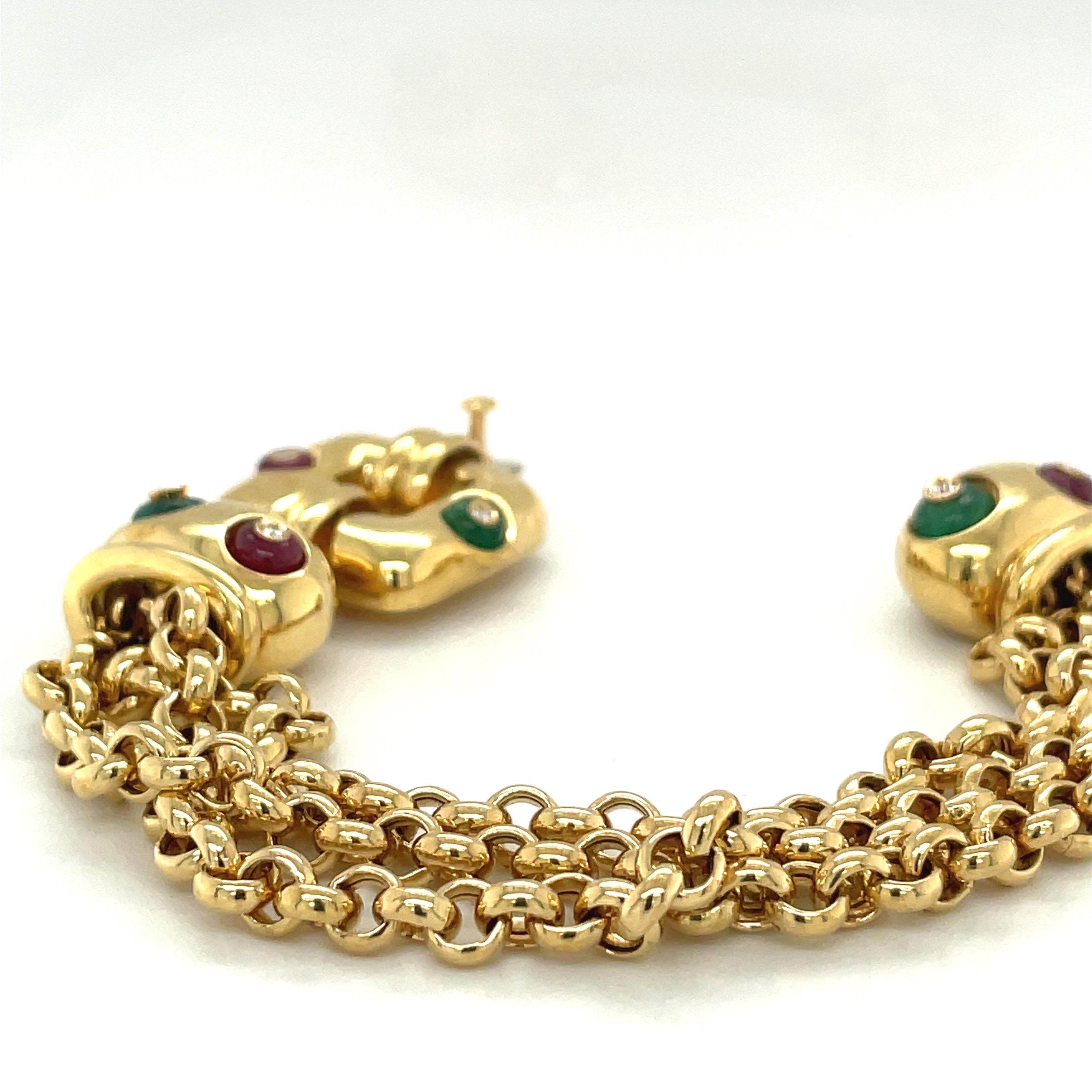 Nino Verita 18kt Yellow Gold Link Bracelet with Diamond, Beaded Ruby & Emerald For Sale 6