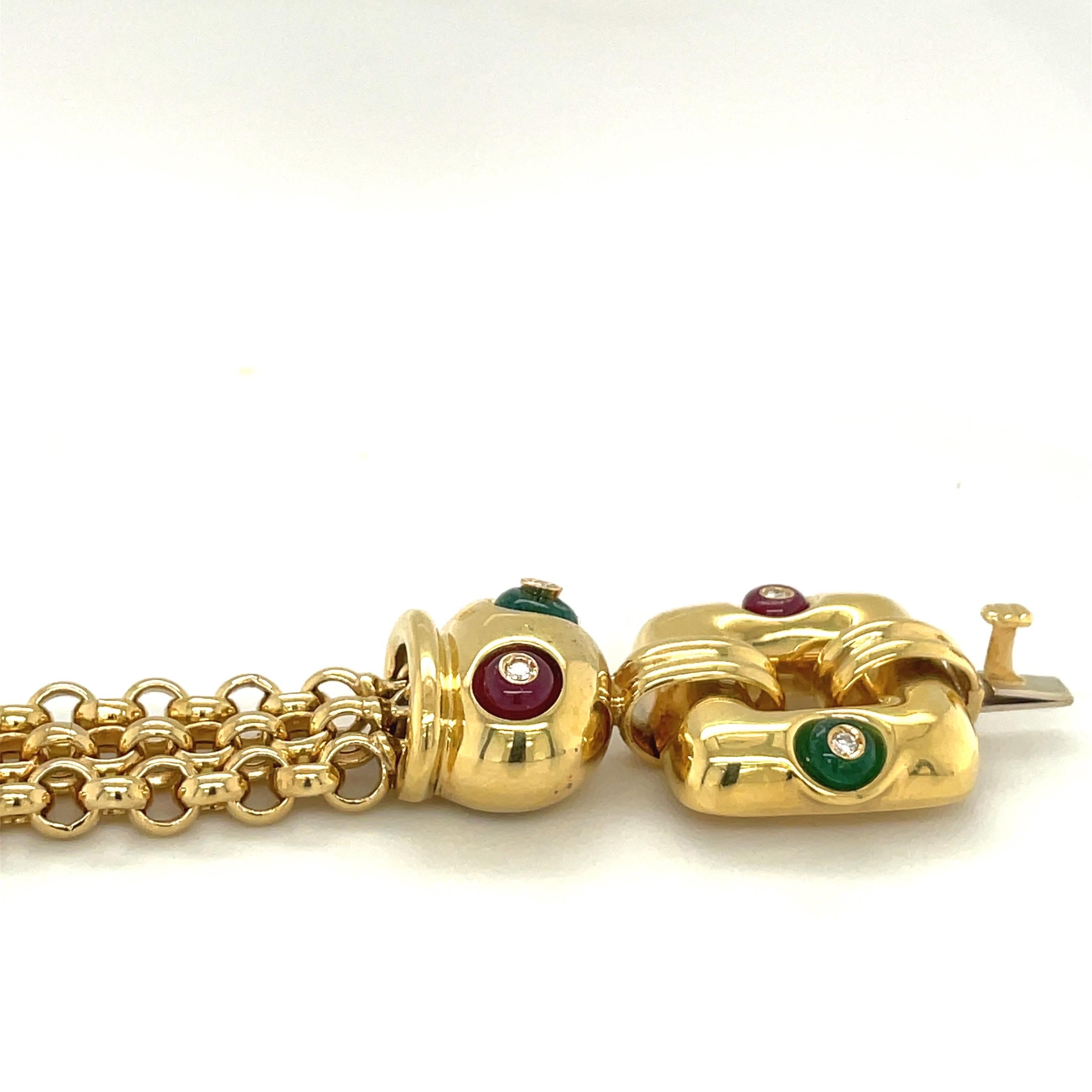 Nino Verita 18kt Yellow Gold Link Bracelet with Diamond, Beaded Ruby & Emerald For Sale 7
