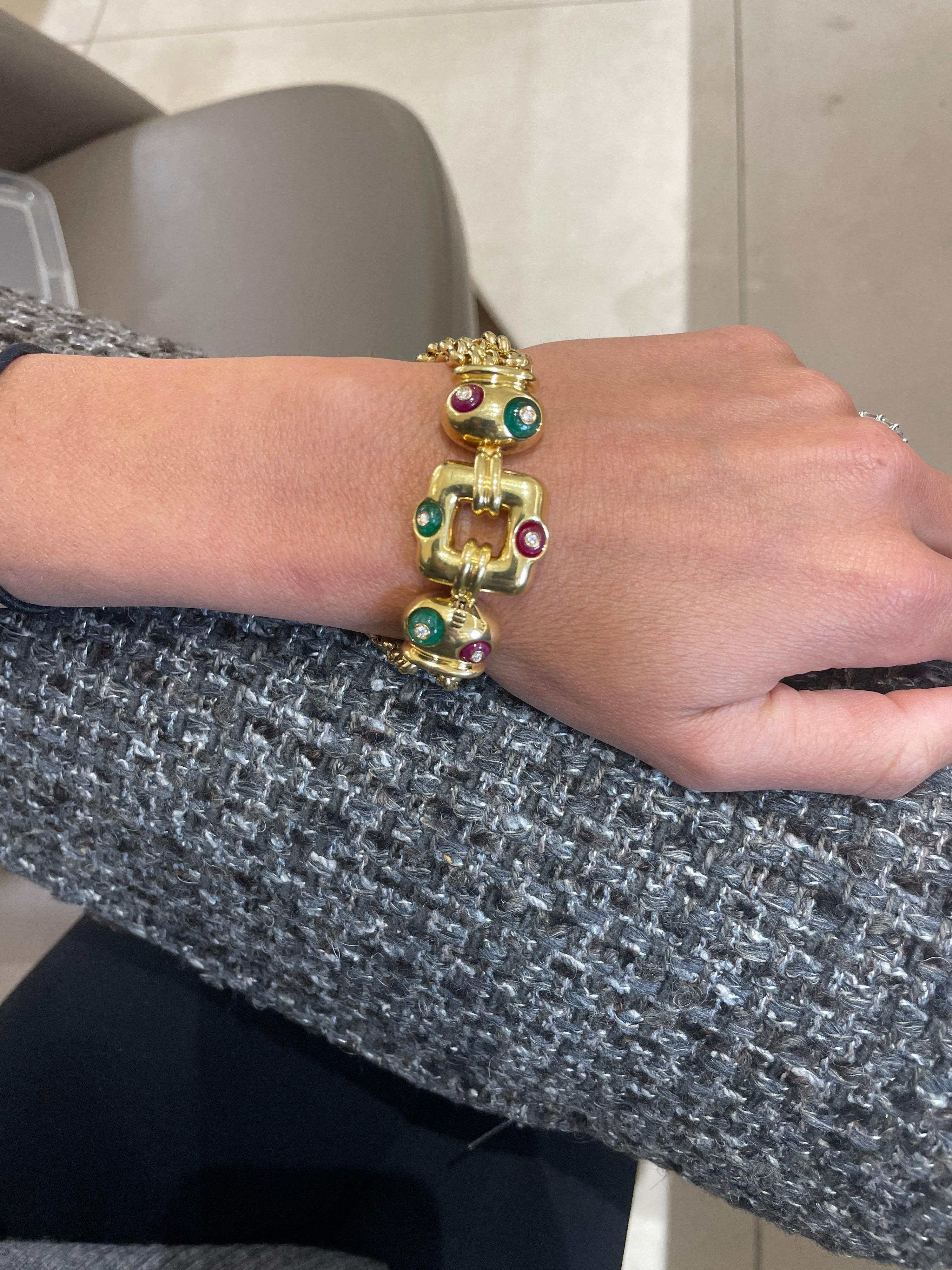 Retro Nino Verita 18kt Yellow Gold Link Bracelet with Diamond, Beaded Ruby & Emerald For Sale