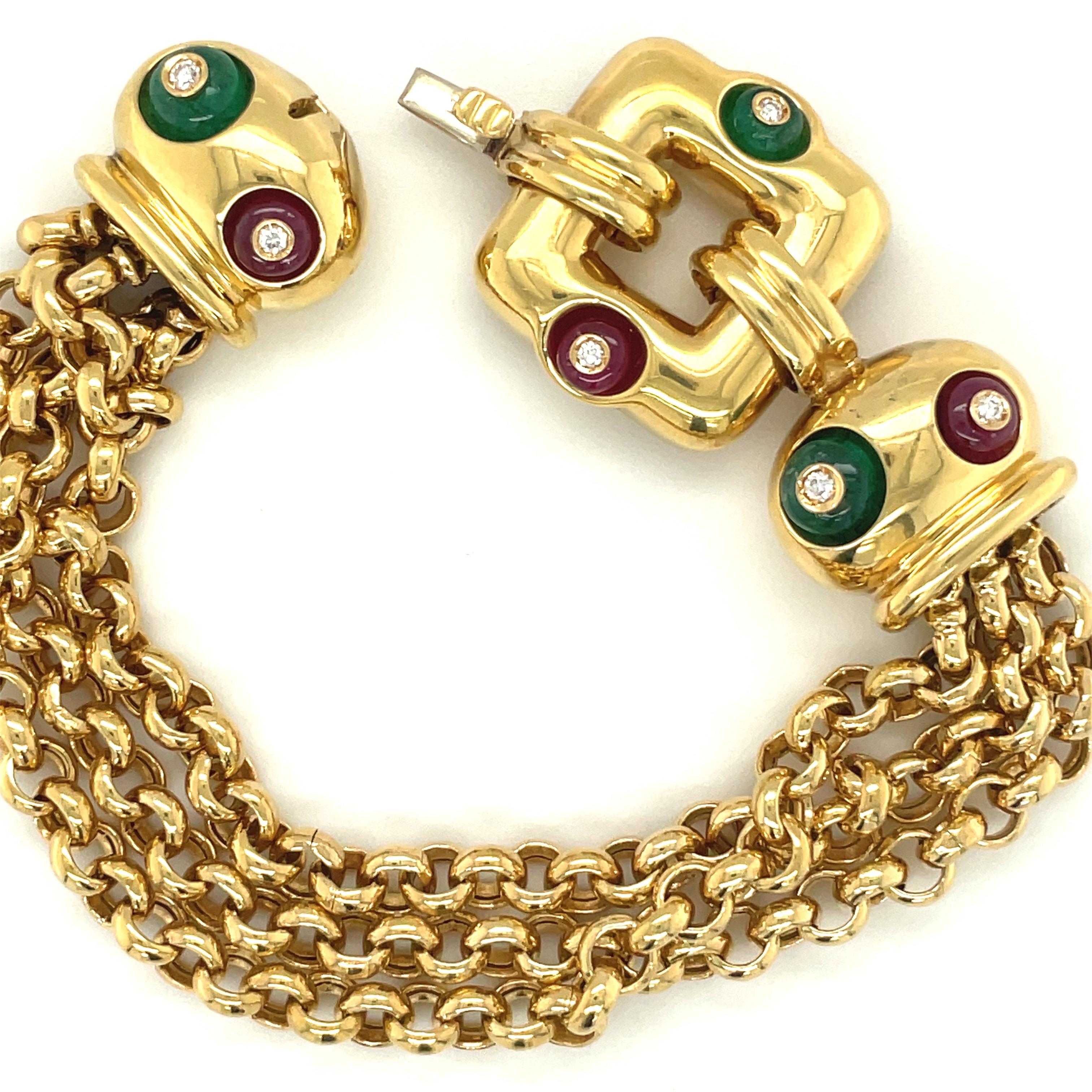 Women's or Men's Nino Verita 18kt Yellow Gold Link Bracelet with Diamond, Beaded Ruby & Emerald For Sale