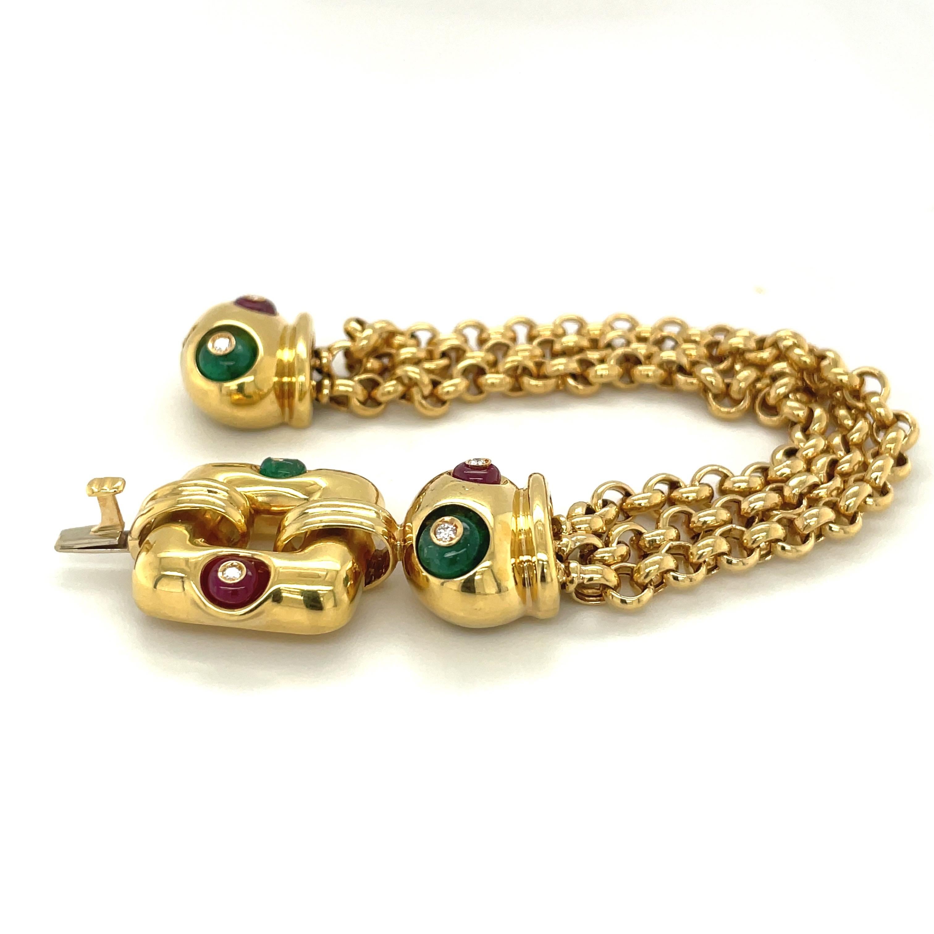 Nino Verita 18kt Yellow Gold Link Bracelet with Diamond, Beaded Ruby & Emerald For Sale 1