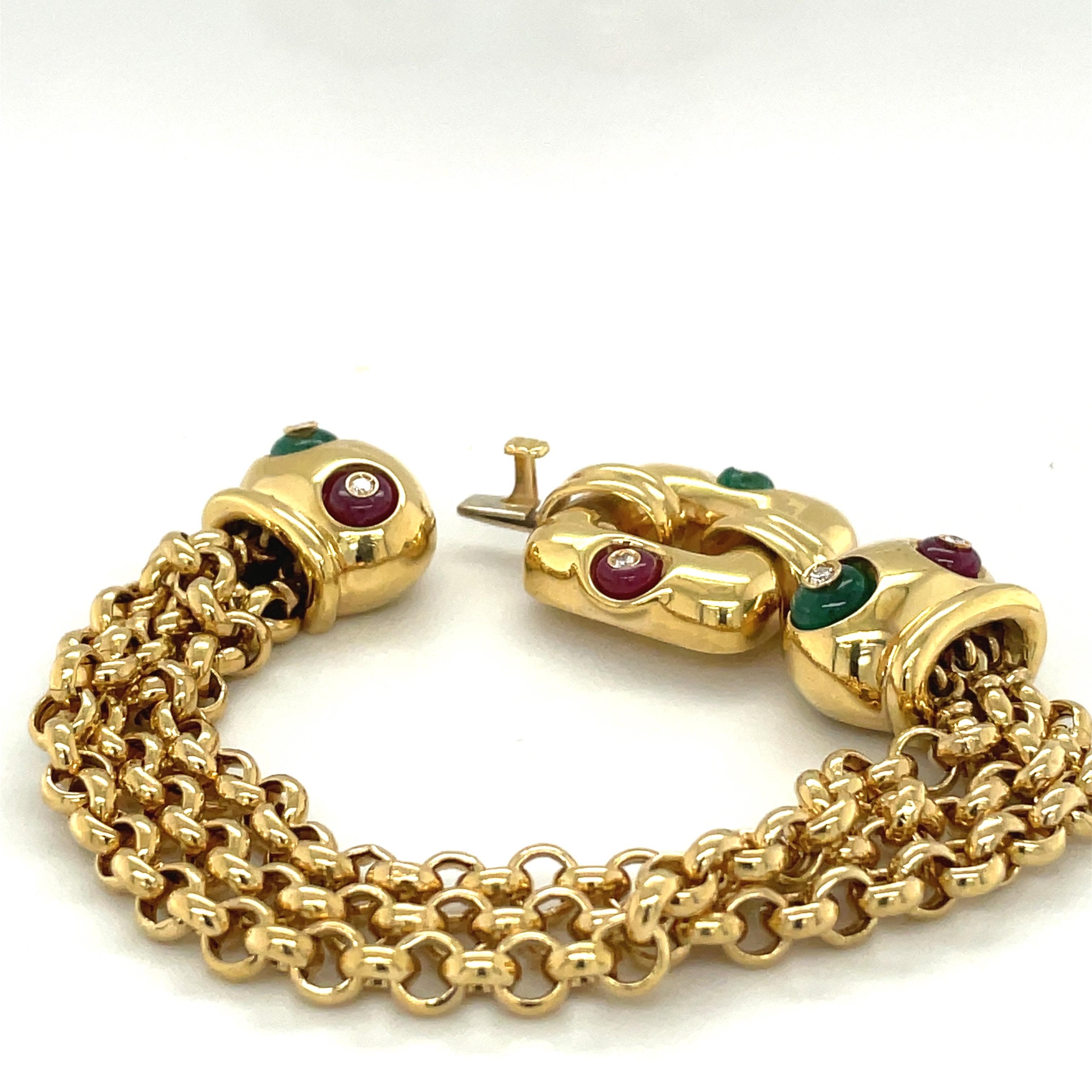 Nino Verita 18kt Yellow Gold Link Bracelet with Diamond, Beaded Ruby & Emerald For Sale 2