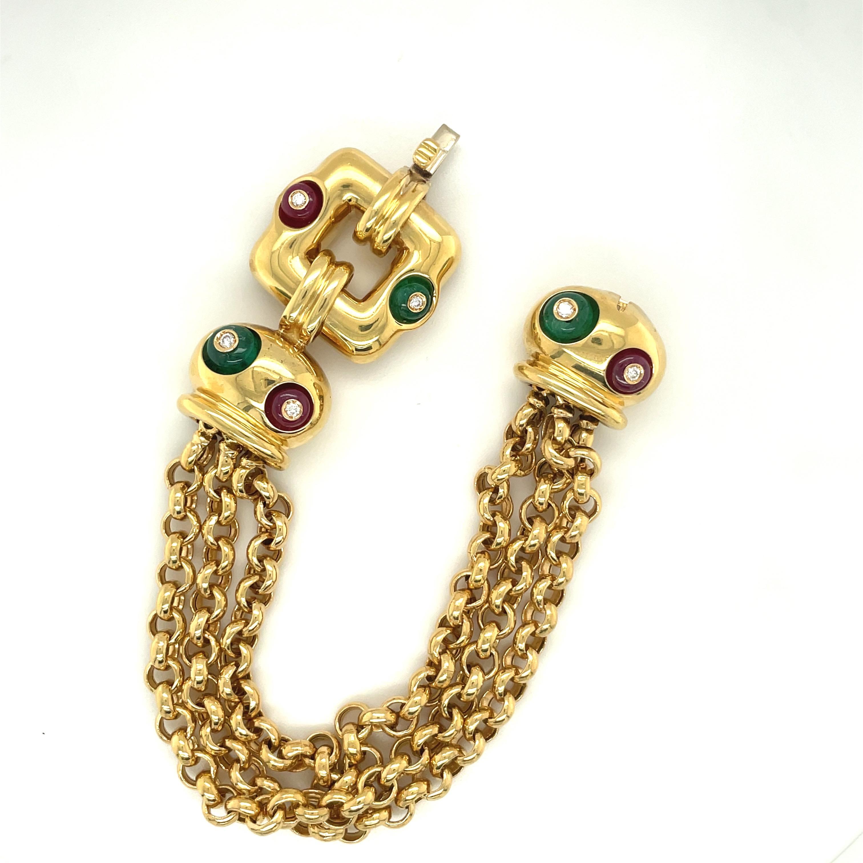 Nino Verita 18kt Yellow Gold Link Bracelet with Diamond, Beaded Ruby & Emerald For Sale 3