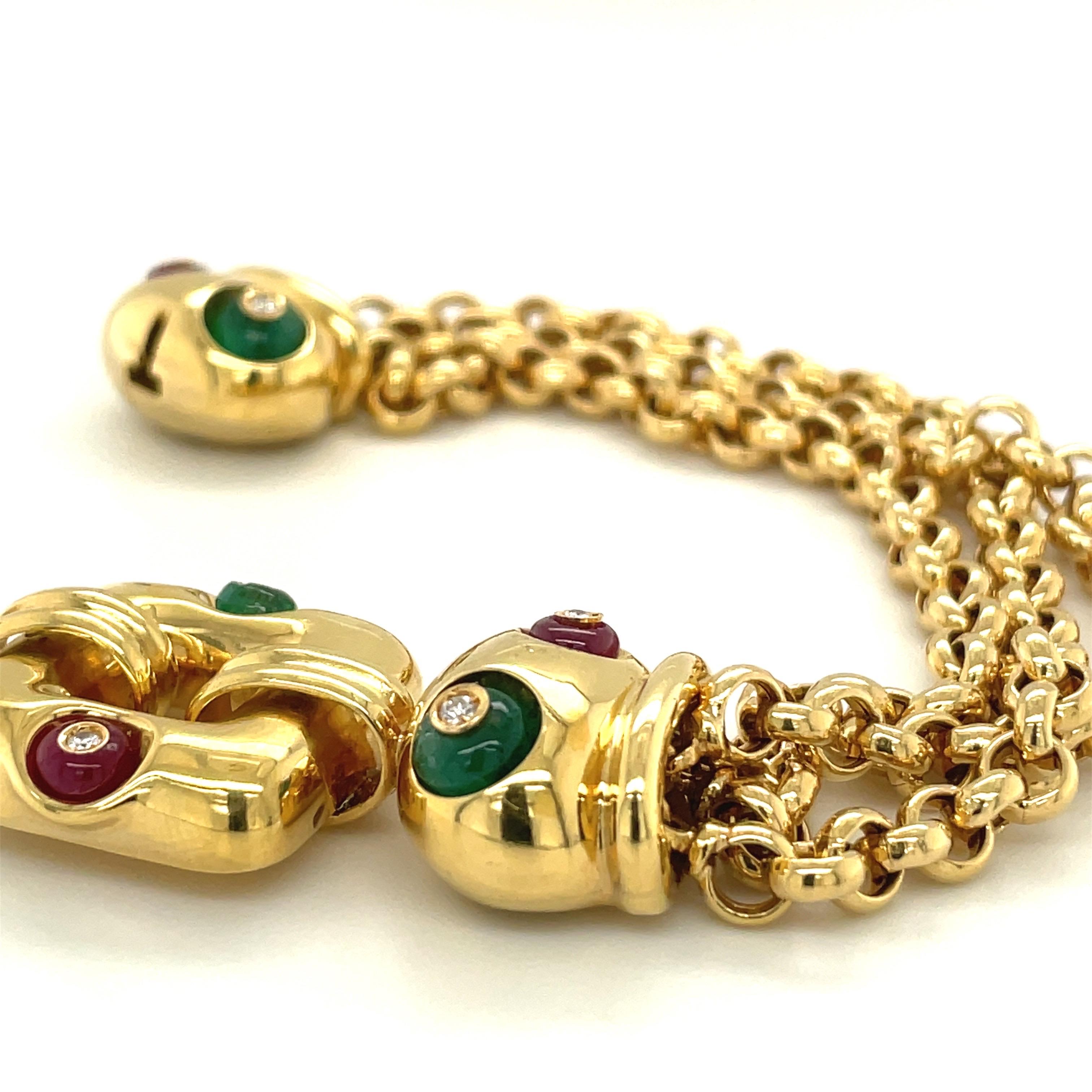 Nino Verita 18kt Yellow Gold Link Bracelet with Diamond, Beaded Ruby & Emerald For Sale 4