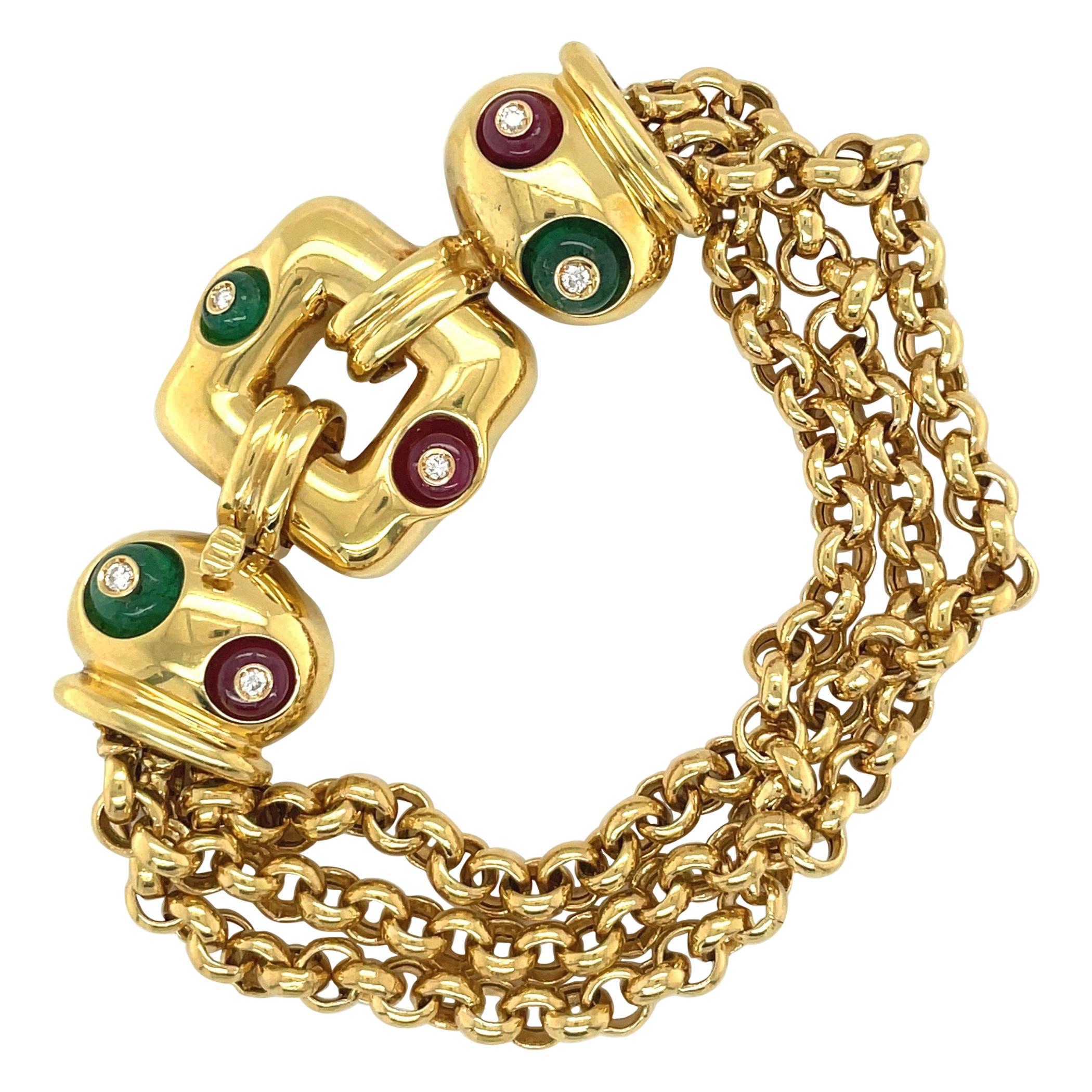 Nino Verita 18kt Yellow Gold Link Bracelet with Diamond, Beaded Ruby & Emerald For Sale