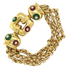 Nino Verita 18kt Yellow Gold Link Bracelet with Diamond, Beaded Ruby & Emerald