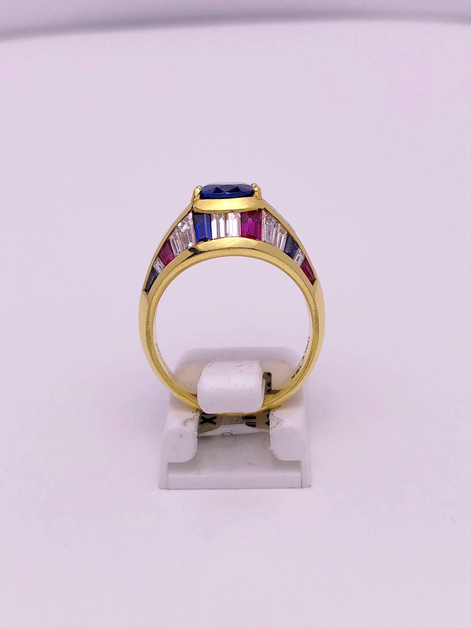 Contemporary Nino Verita 18 Karat Yellow Gold Ring with Diamonds, Rubies and Sapphires For Sale