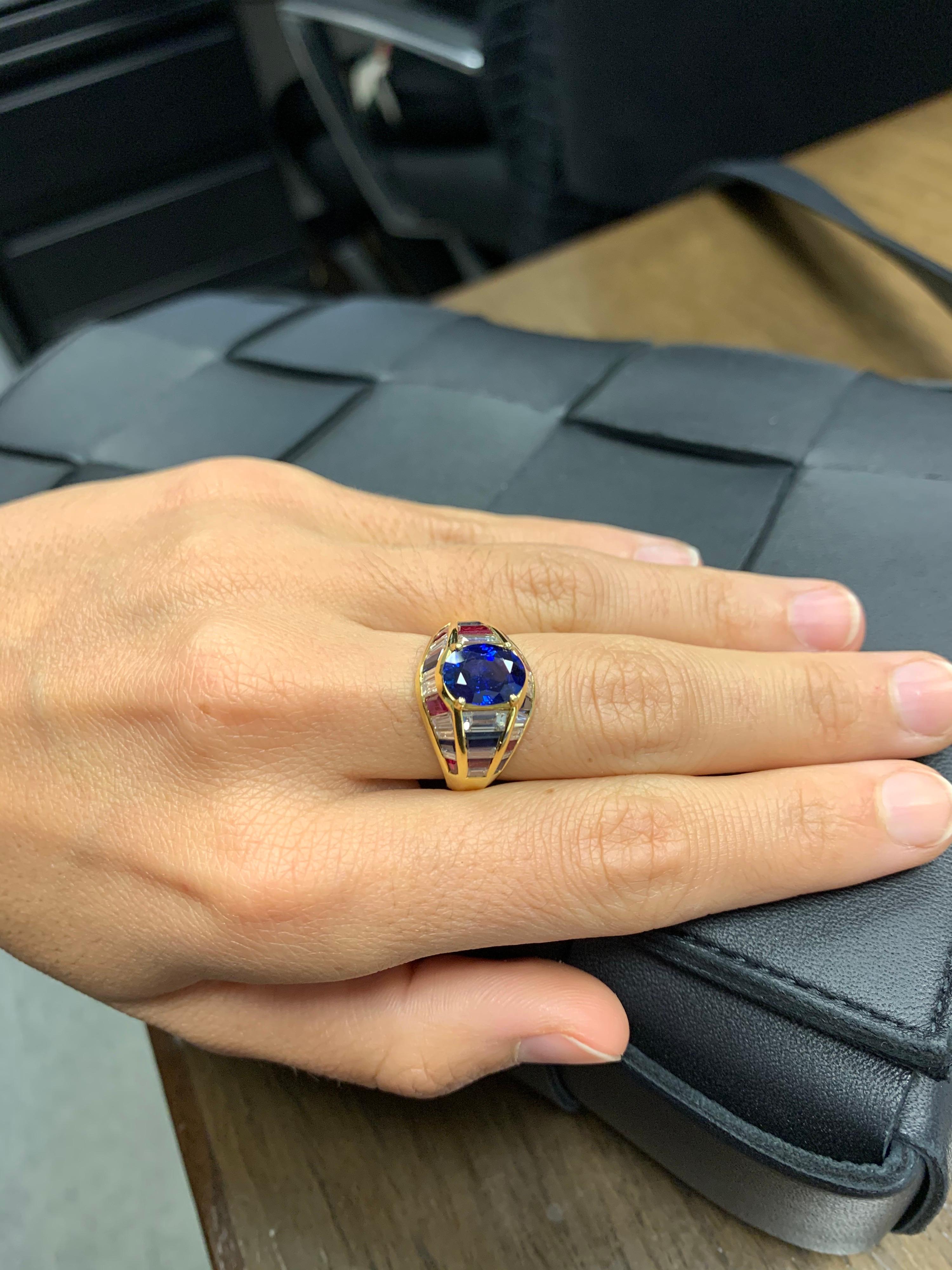 Women's or Men's Nino Verita 18 Karat Yellow Gold Ring with Diamonds, Rubies and Sapphires For Sale