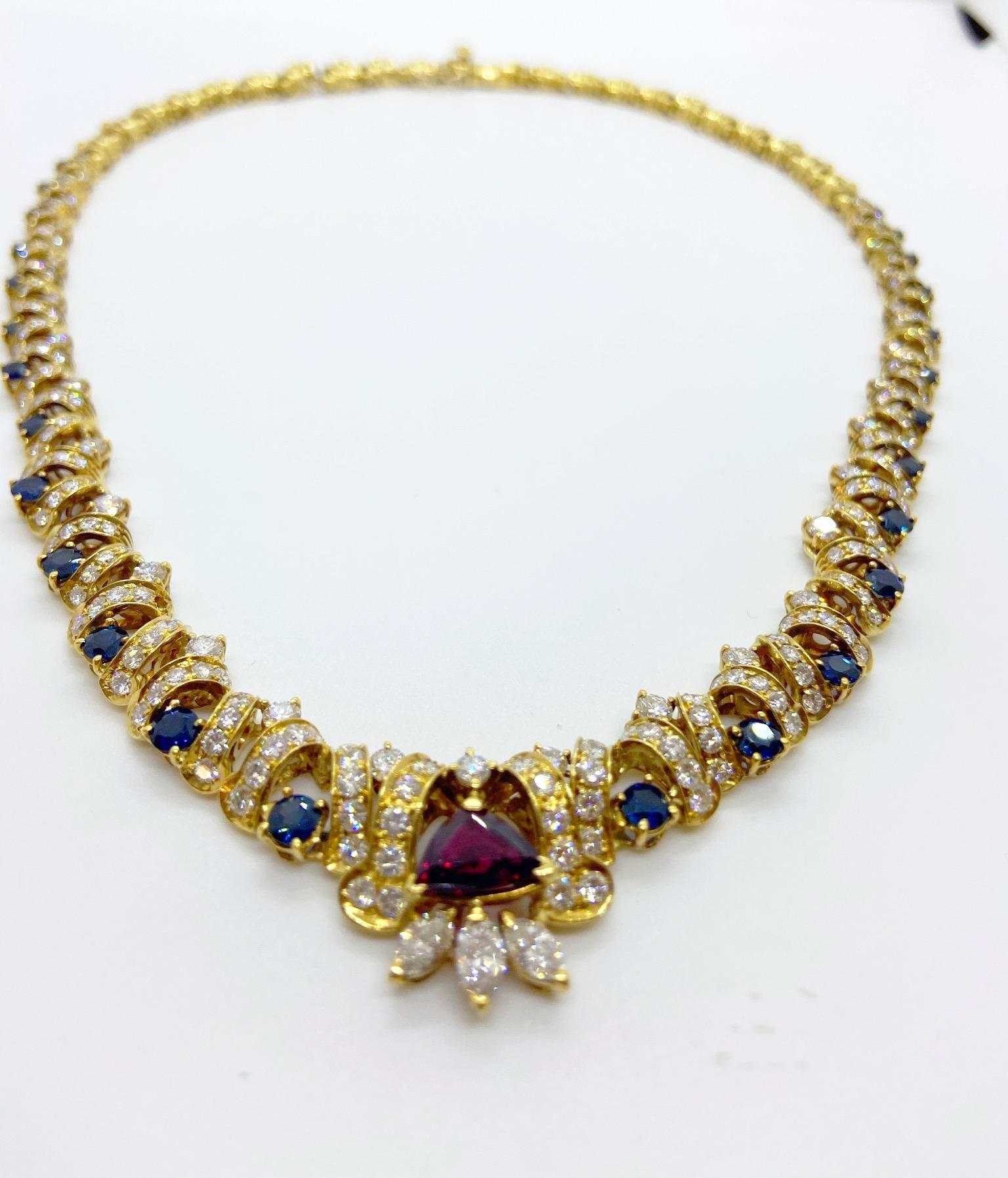 Trillion Cut Nino Verita for Effe V 18 Karat Gold Necklace with Diamond, Ruby, and Sapphire