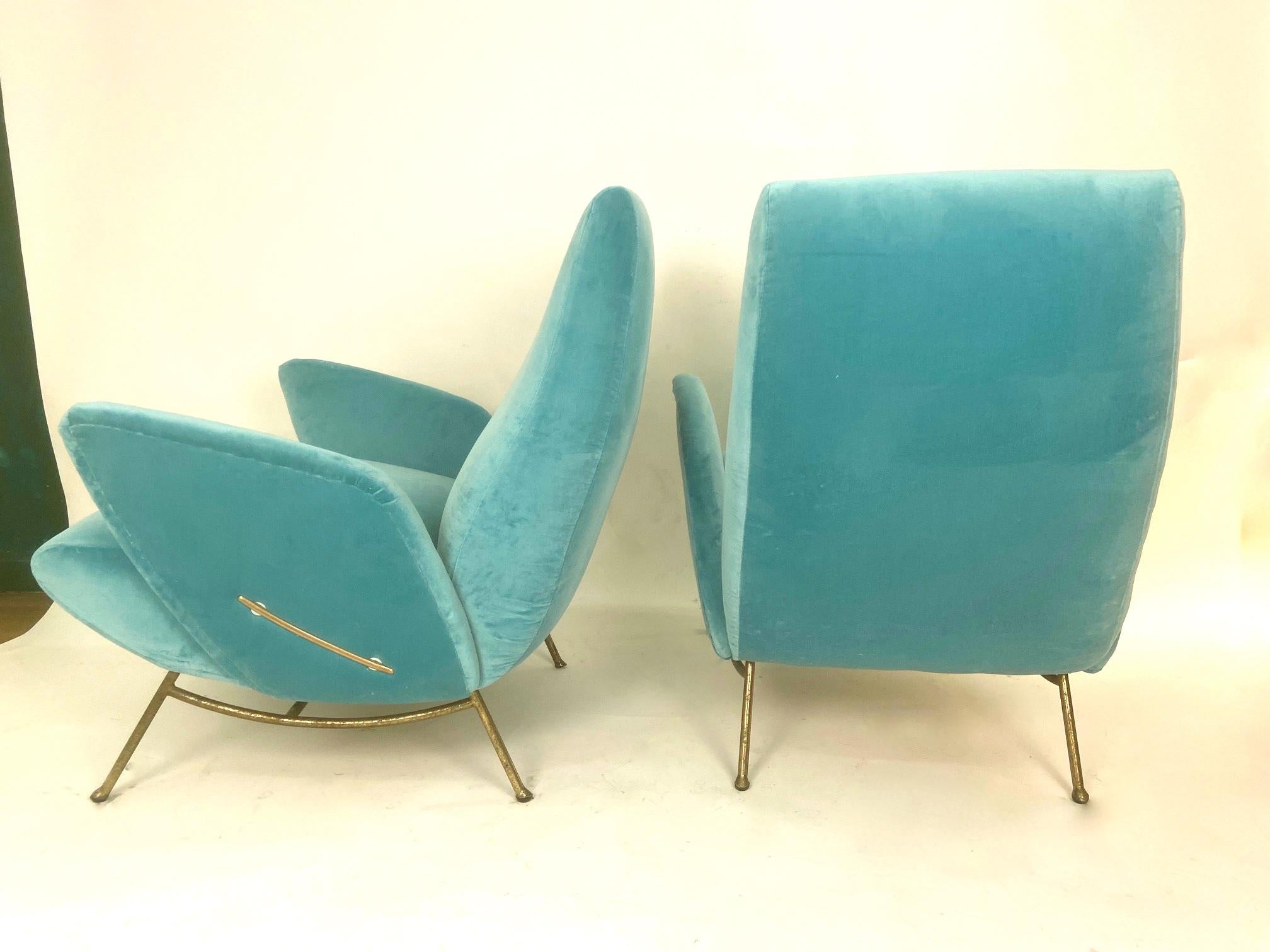 Mid-20th Century Nino Zoncada Italian Mid-Century Modern Pair of Turquoise Blue Armchairs, 1950