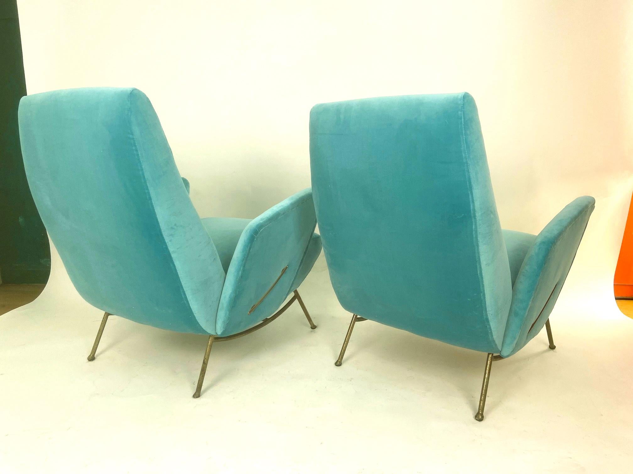 Brass Nino Zoncada Italian Mid-Century Modern Pair of Turquoise Blue Armchairs, 1950