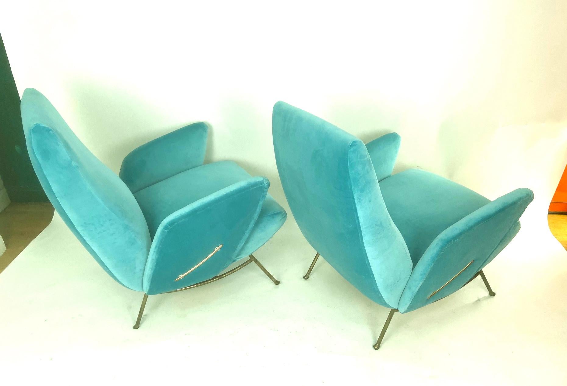 Nino Zoncada Italian Mid-Century Modern Pair of Turquoise Blue Armchairs, 1950 1