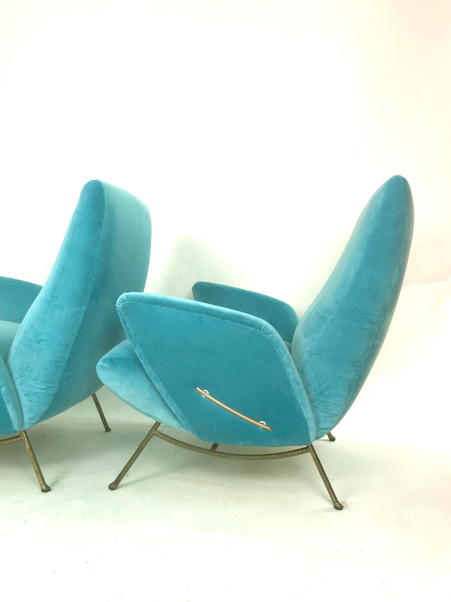 Nino Zoncada Italian Mid-Century Modern Pair of Turquoise Blue Armchairs, 1950 2