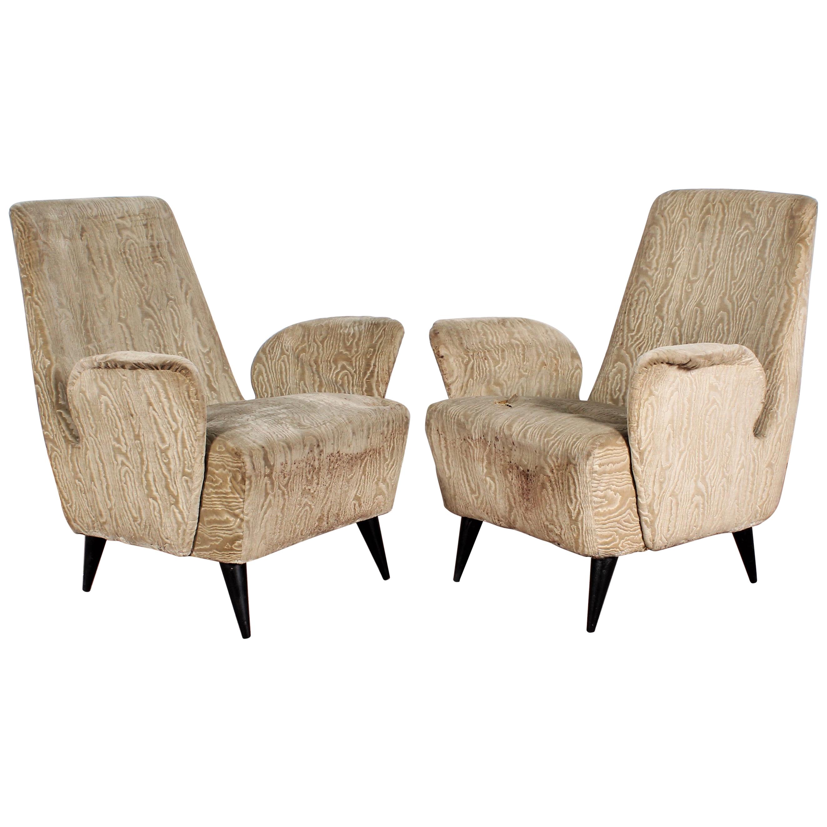 Nino Zoncada Midcentury Wood and Beige Velvet Pair of Armchairs, Italy, 1950s