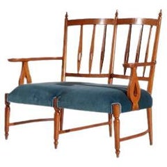 Used Nino Zoncada Sofa in Cherry Wood and Padded Blue Velvet Upholstery