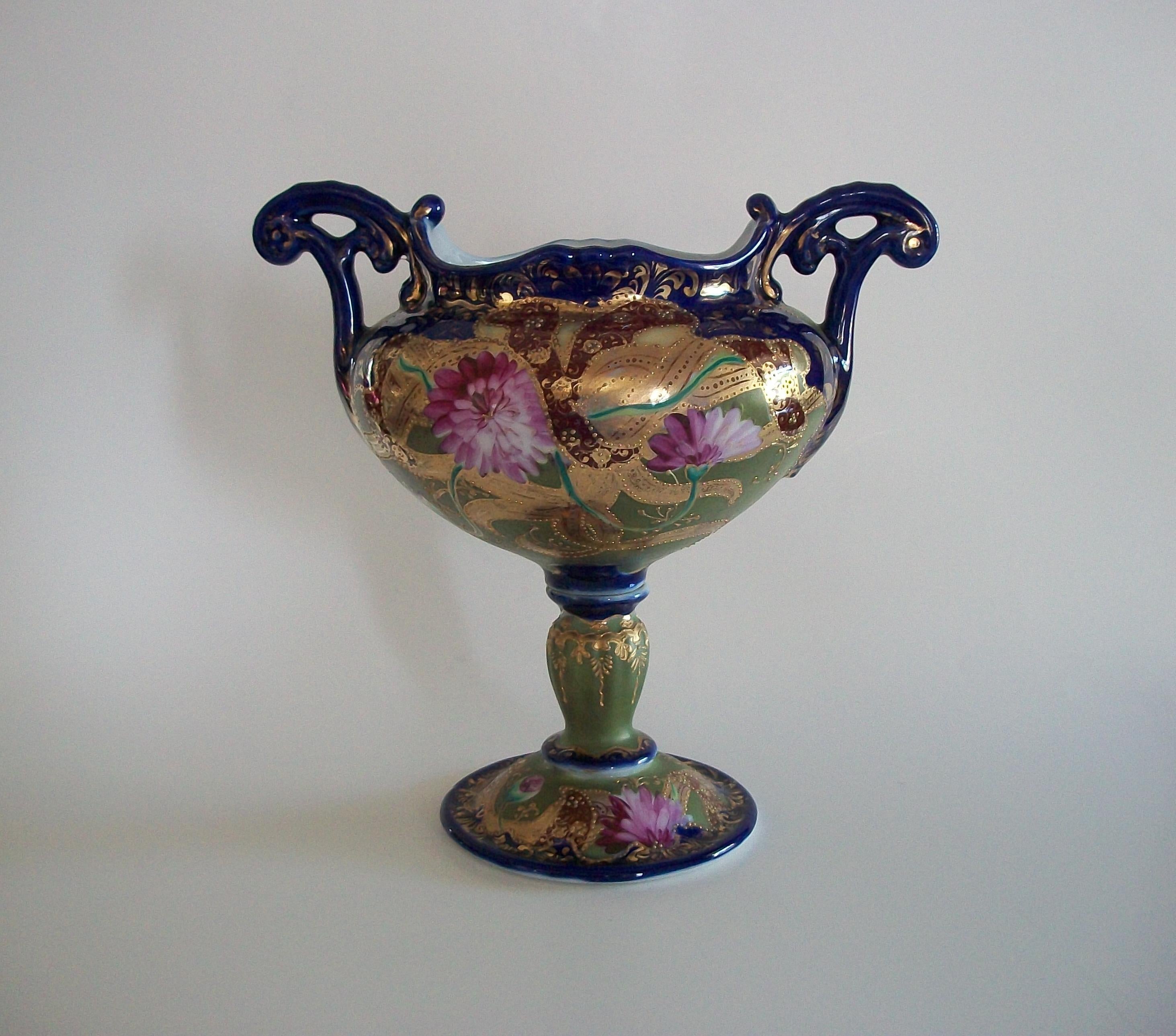 NIPPON - Art Nouveau hand painted and gilded ceramic planter / vase on pedestal base - featuring an over-all robust design of flowers and gilded tentacles on a moss green and cobalt blue background - raised paste gilding to highlight the fluid