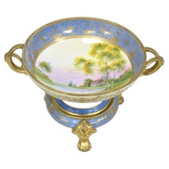 Nippon Hand Painted Porcelain Blue Centerpiece Compote Bowl w/ Cottage & Geese
