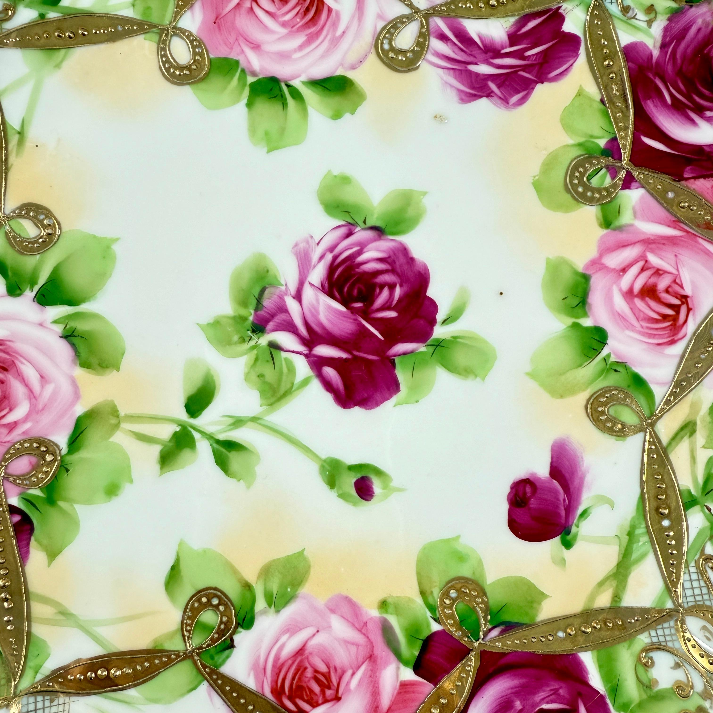Romantic Nippon, Hand-Painted Porcelain Rose Moriage Large Wall Plate For Sale