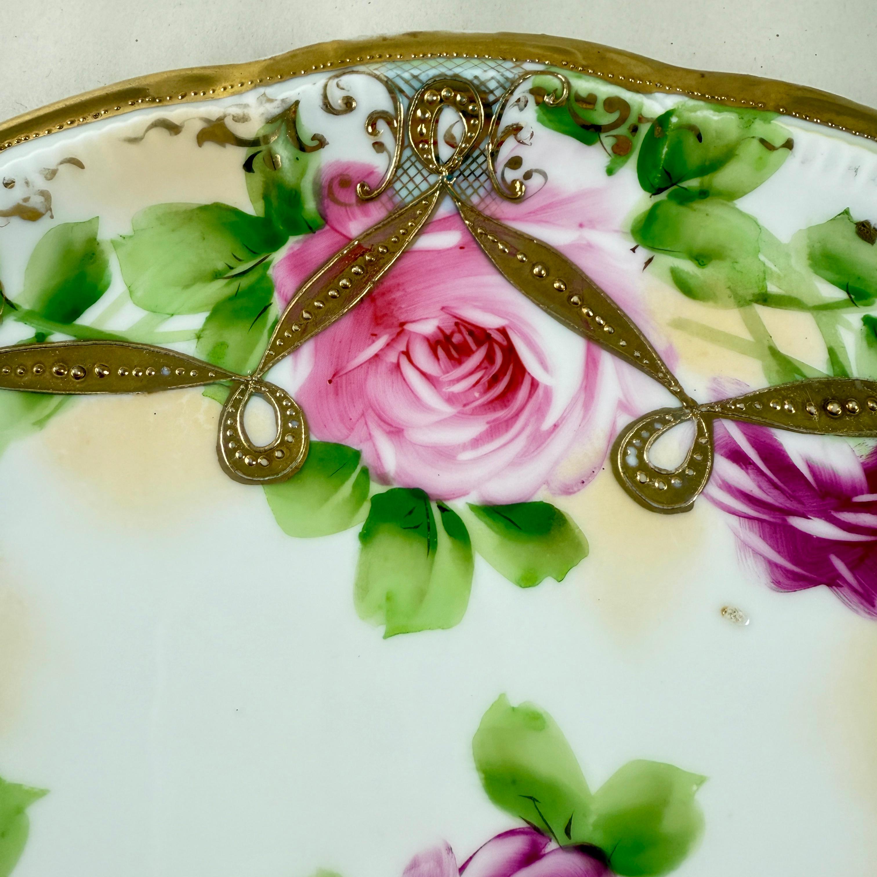 Nippon, Hand-Painted Porcelain Rose Moriage Large Wall Plate In Good Condition For Sale In Philadelphia, PA