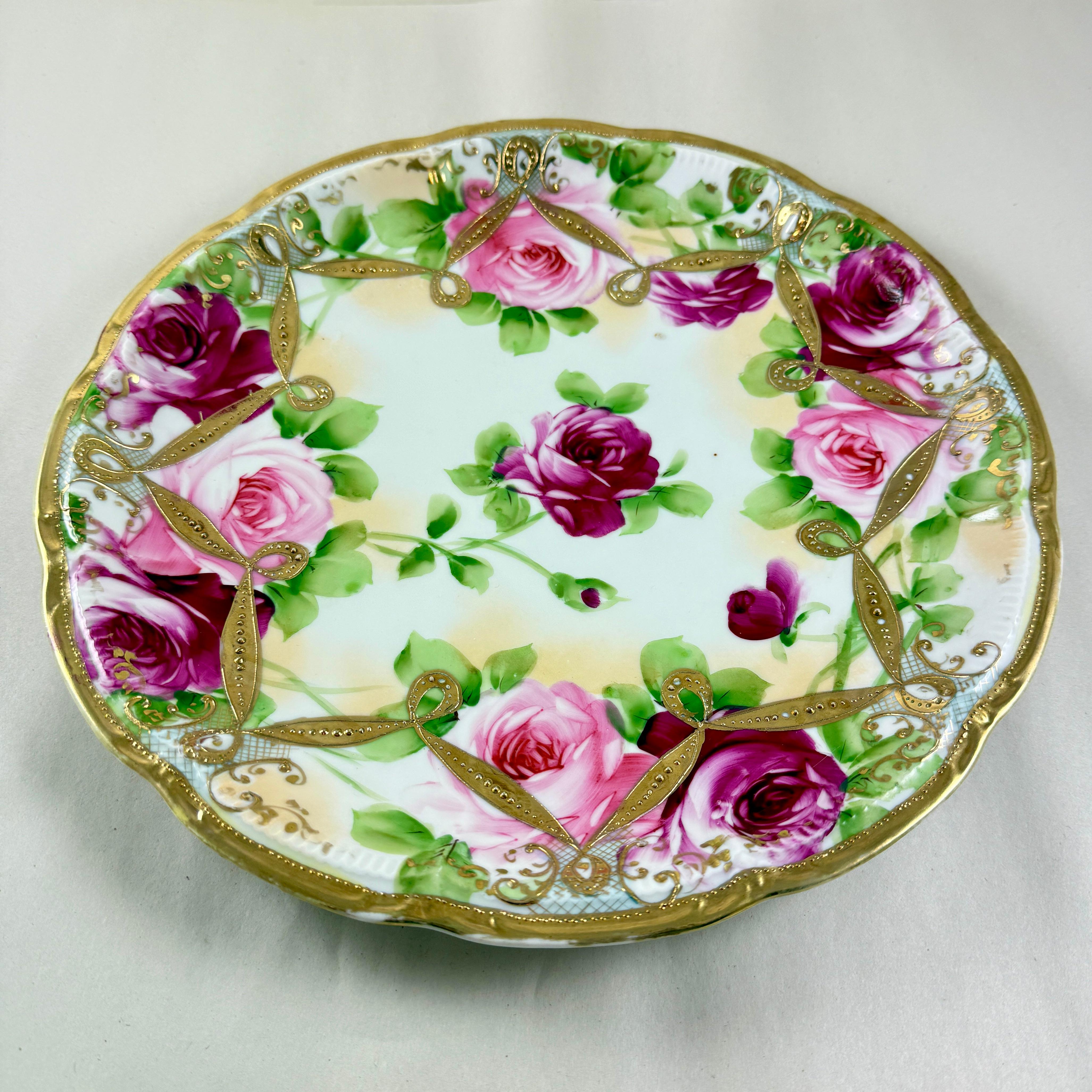 Early 20th Century Nippon, Hand-Painted Porcelain Rose Moriage Large Wall Plate For Sale