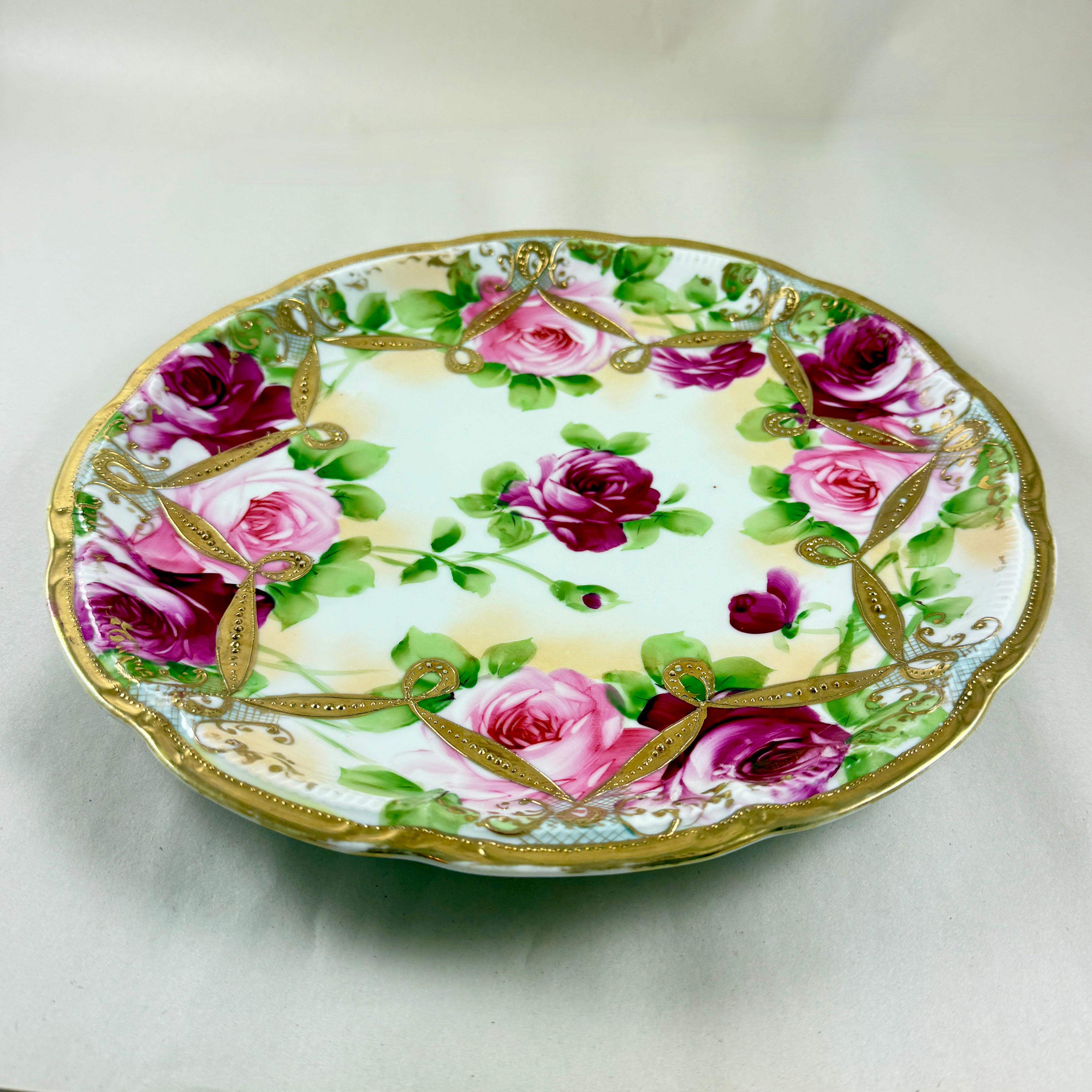 Nippon, Hand-Painted Porcelain Rose Moriage Large Wall Plate For Sale 1