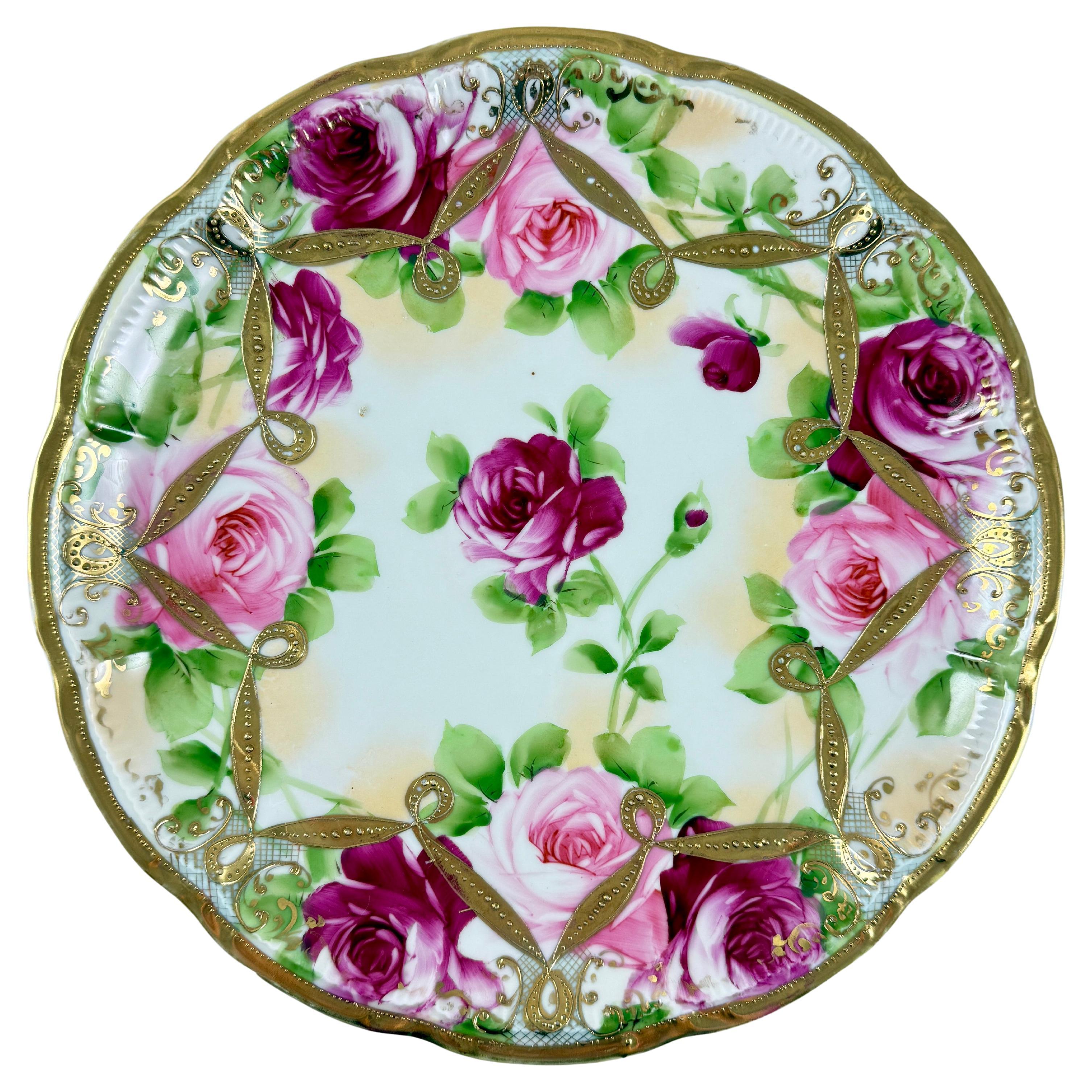 Nippon, Hand-Painted Porcelain Rose Moriage Large Wall Plate