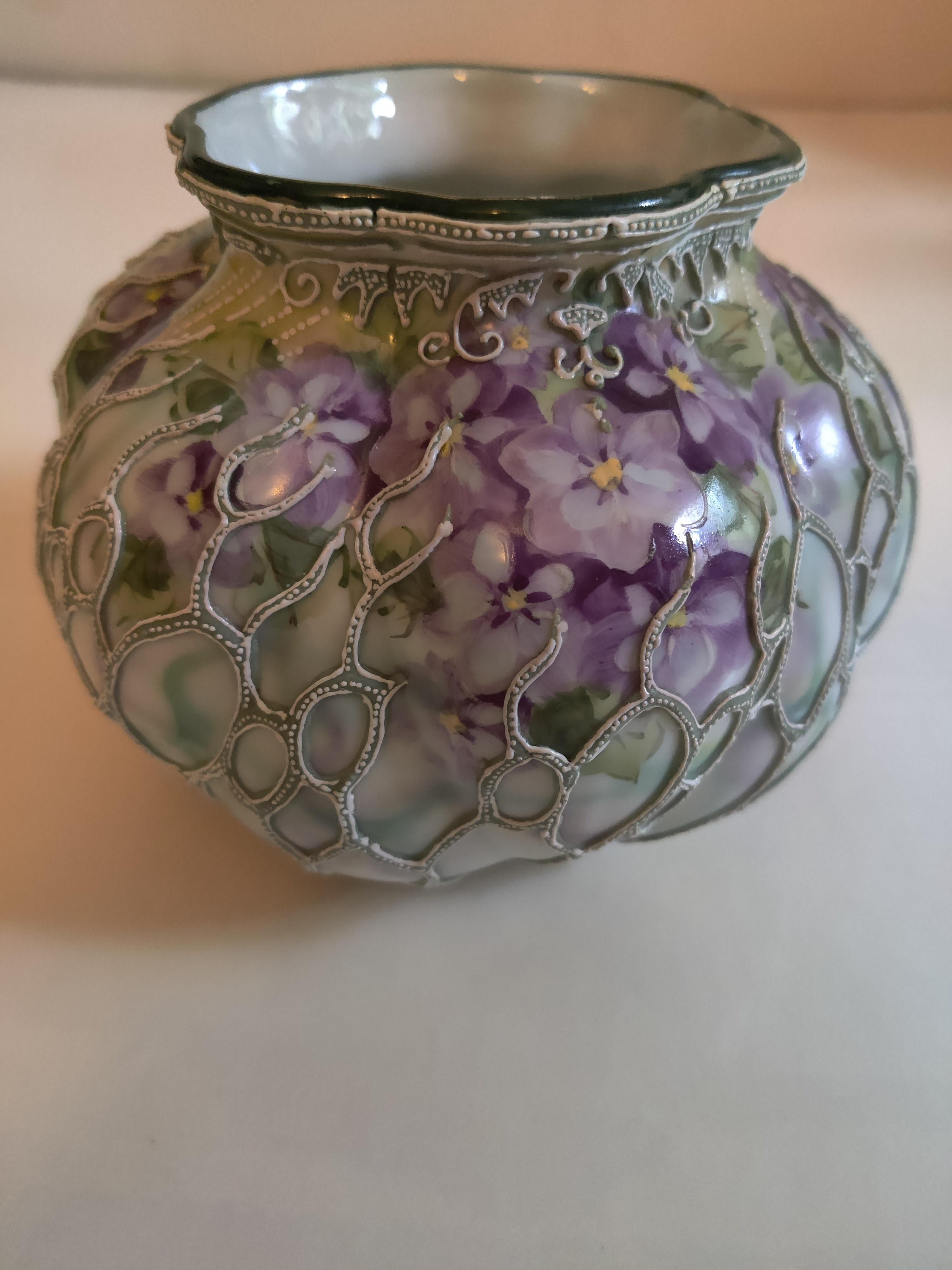 Japanese Nippon Oriental Raised Moriage Enamel Porcelain Bowl / Vase with Violets. For Sale