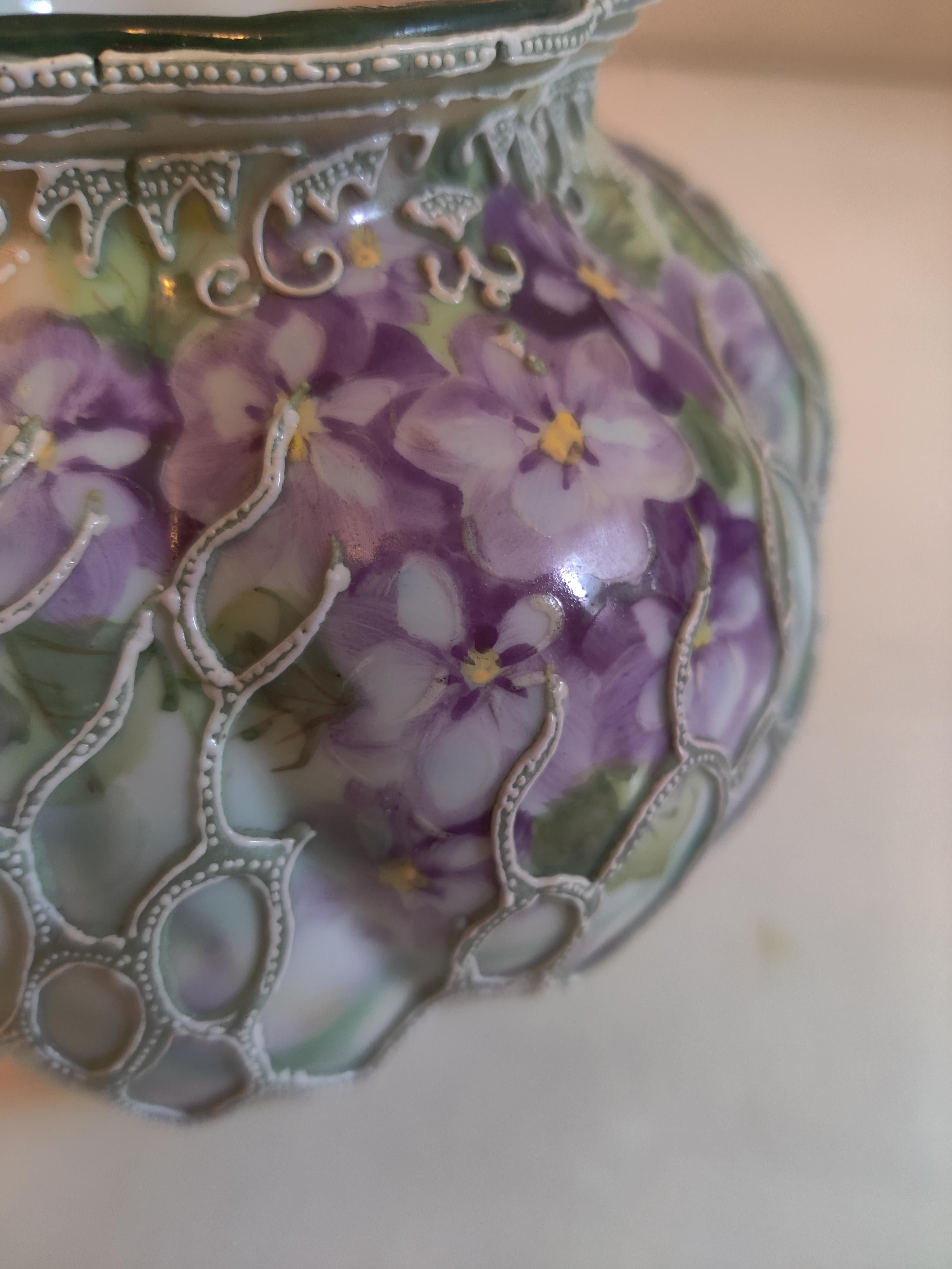 Nippon Oriental Raised Moriage Enamel Porcelain Bowl / Vase with Violets. In Good Condition For Sale In Cincinnati, OH