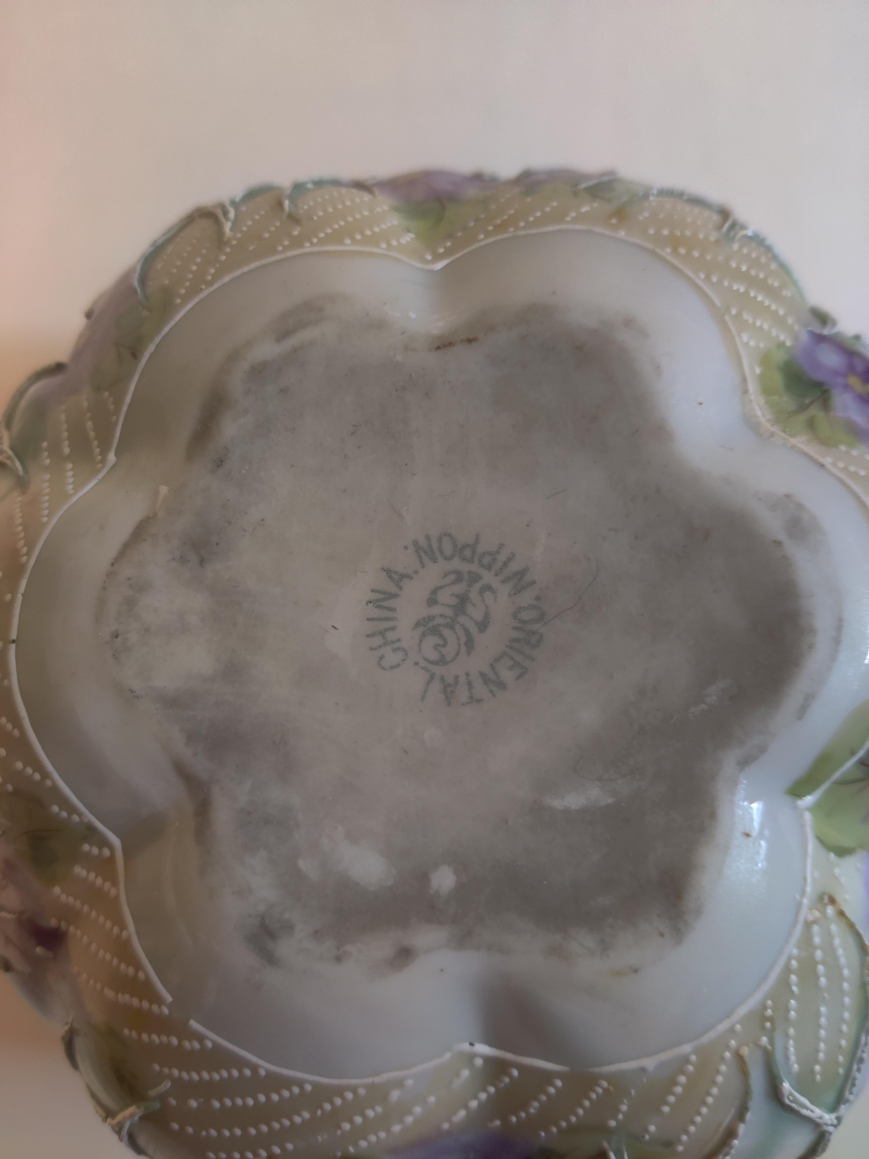 Nippon Oriental Raised Moriage Enamel Porcelain Bowl / Vase with Violets. For Sale 1