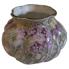 Antique Nippon Oriental Raised Moriage Enamel Porcelain Bowl / Vase with Violets.