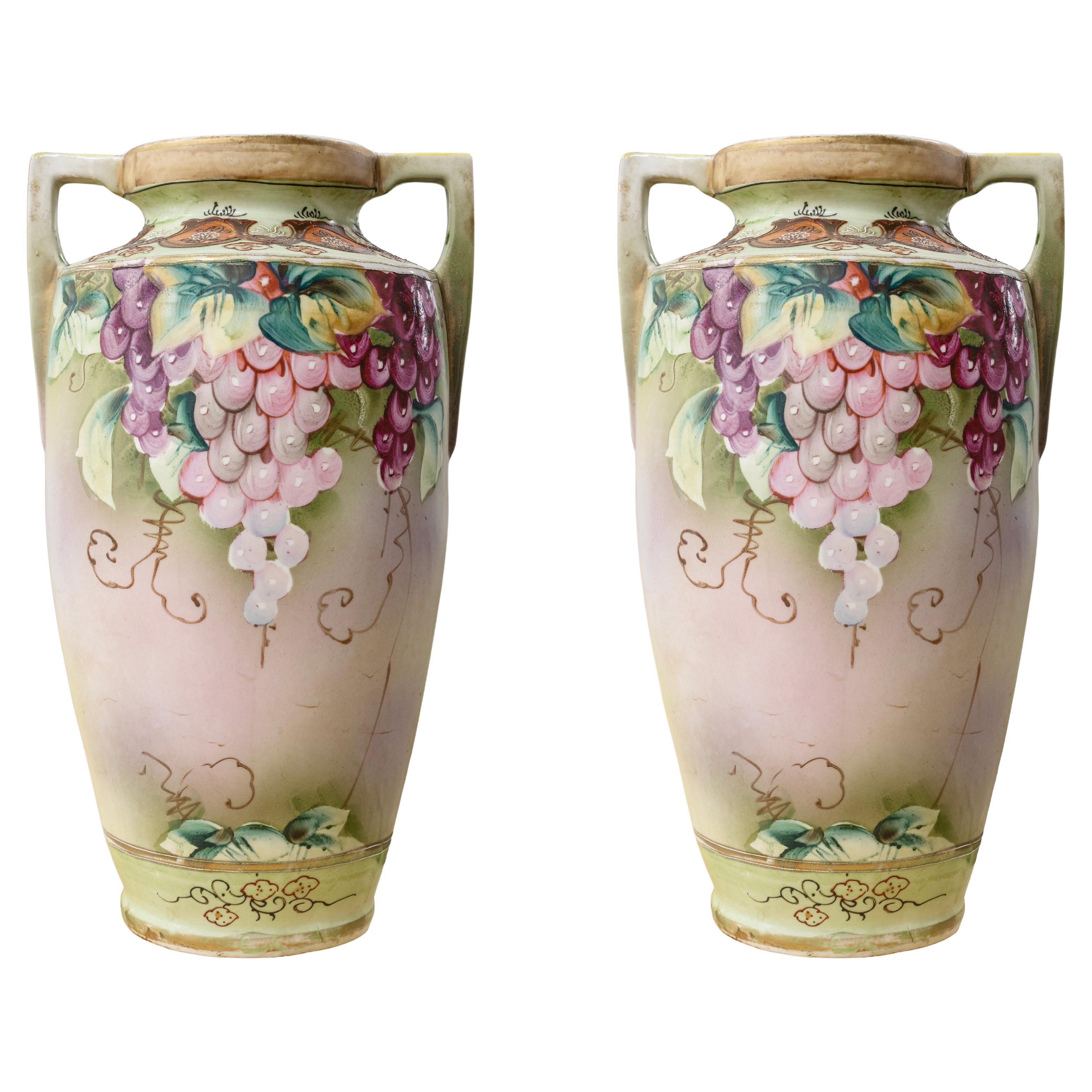 Nippon - Pair of Vases, c. Early 20th Century Stamped Antique Hand Painted For Sale