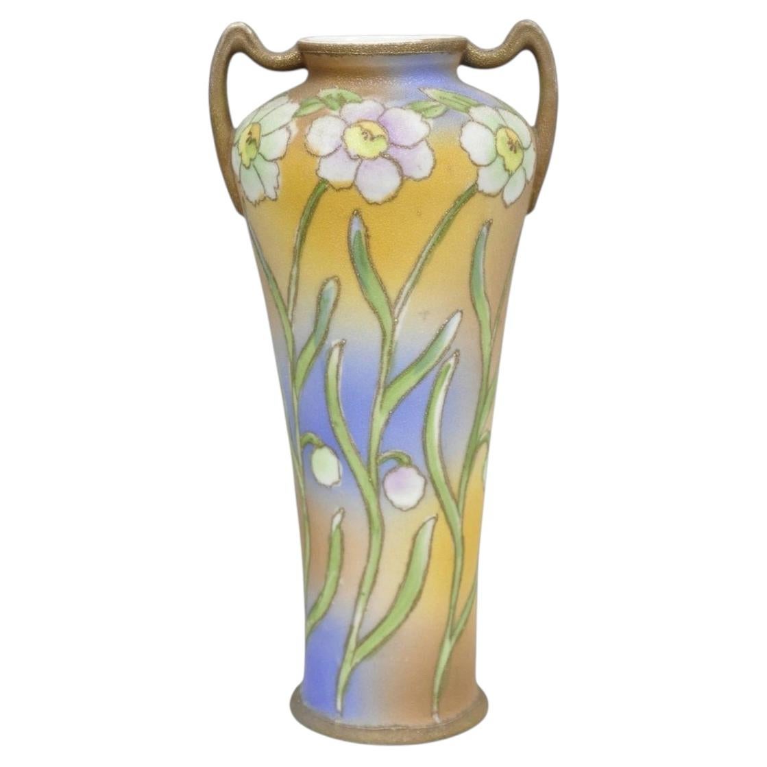 Nippon Sharkskin Decorated Royal Kinjo Japan Hand Painted Porcelain Handled Vase