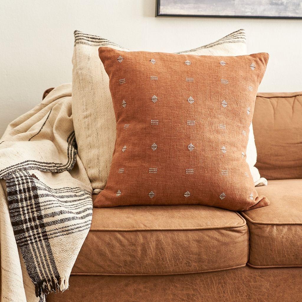 Hand-Woven Nira Brown Organic Cotton Handloom Pillow in Geometric Patterns For Sale
