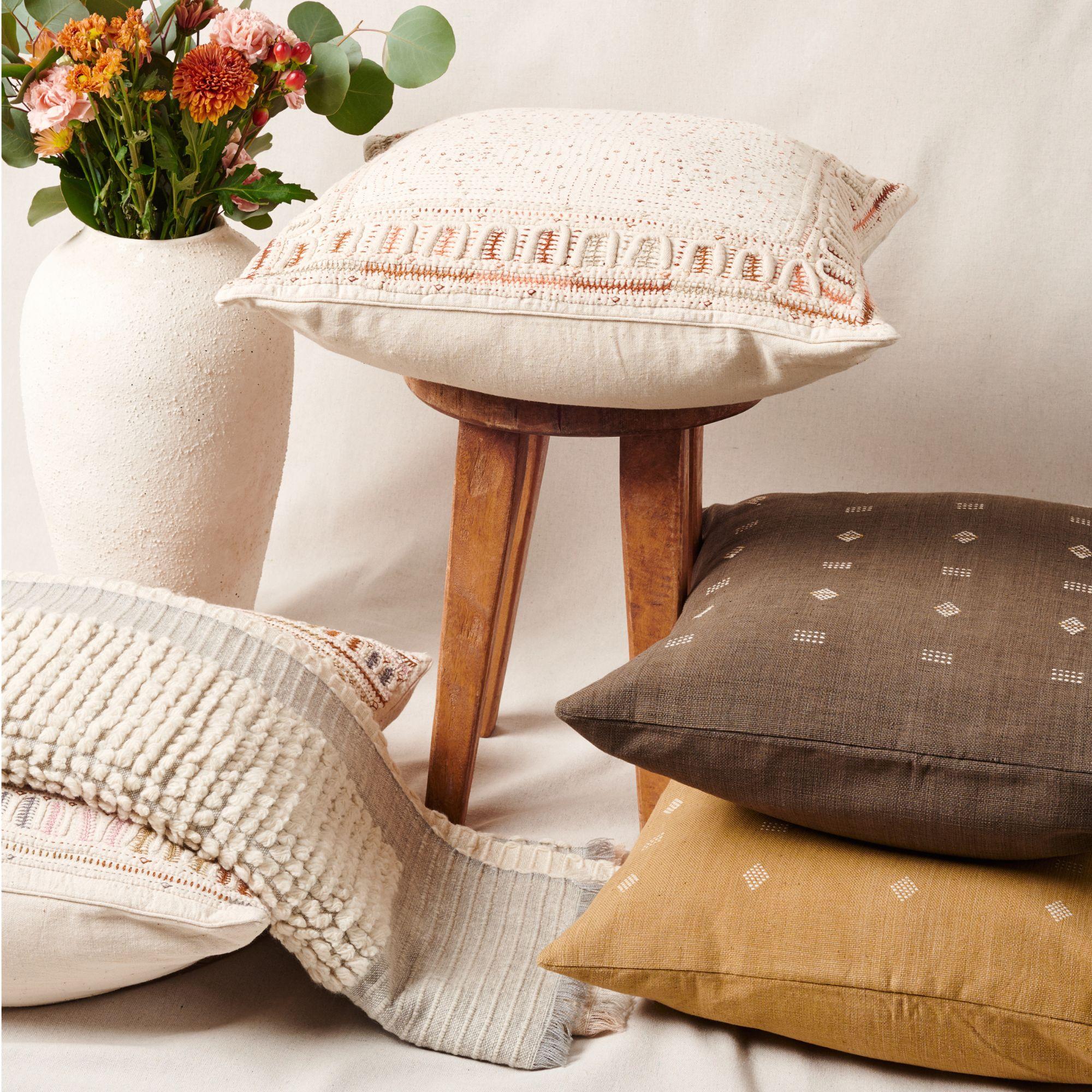 Indian Nira Choco Organic Cotton Handloom Pillow in Geometric Patterns For Sale