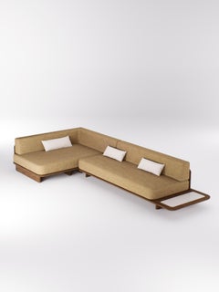 Nira L Shaped Sofa in Solid Teak Wood with Integrated Side Table by Pendhapa