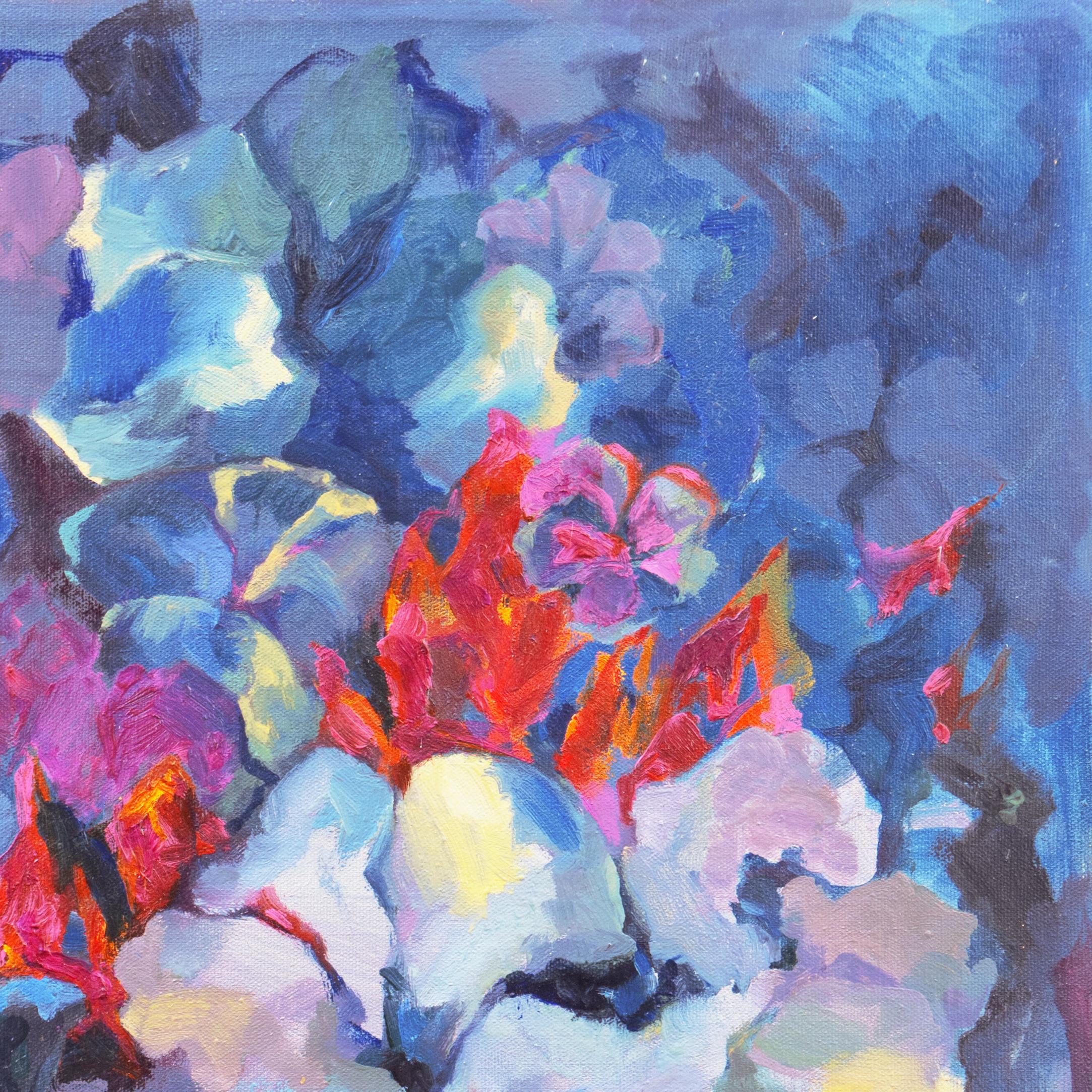 Abstrait floral, bleu et corail