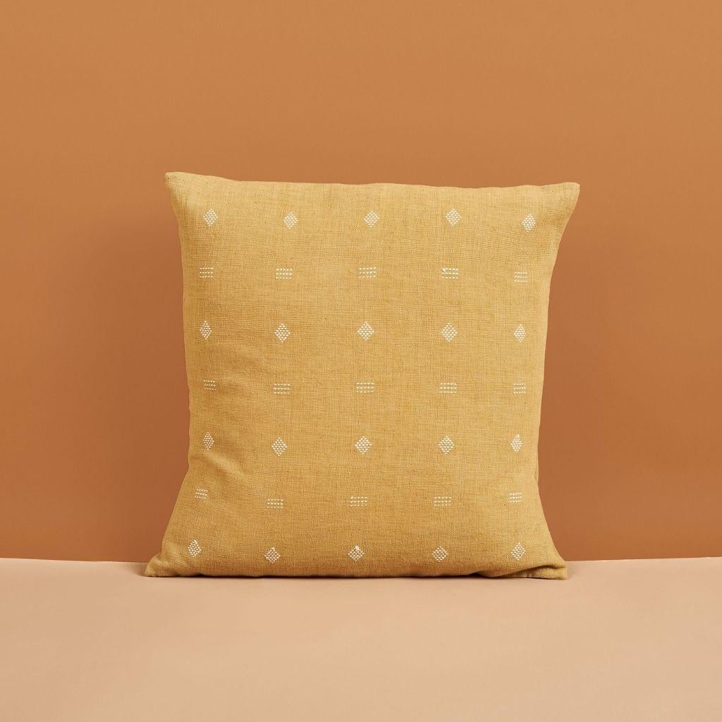 Modern Nira Ochre Organic Cotton Handloom Pillow in Minimal Geometric Patterns For Sale