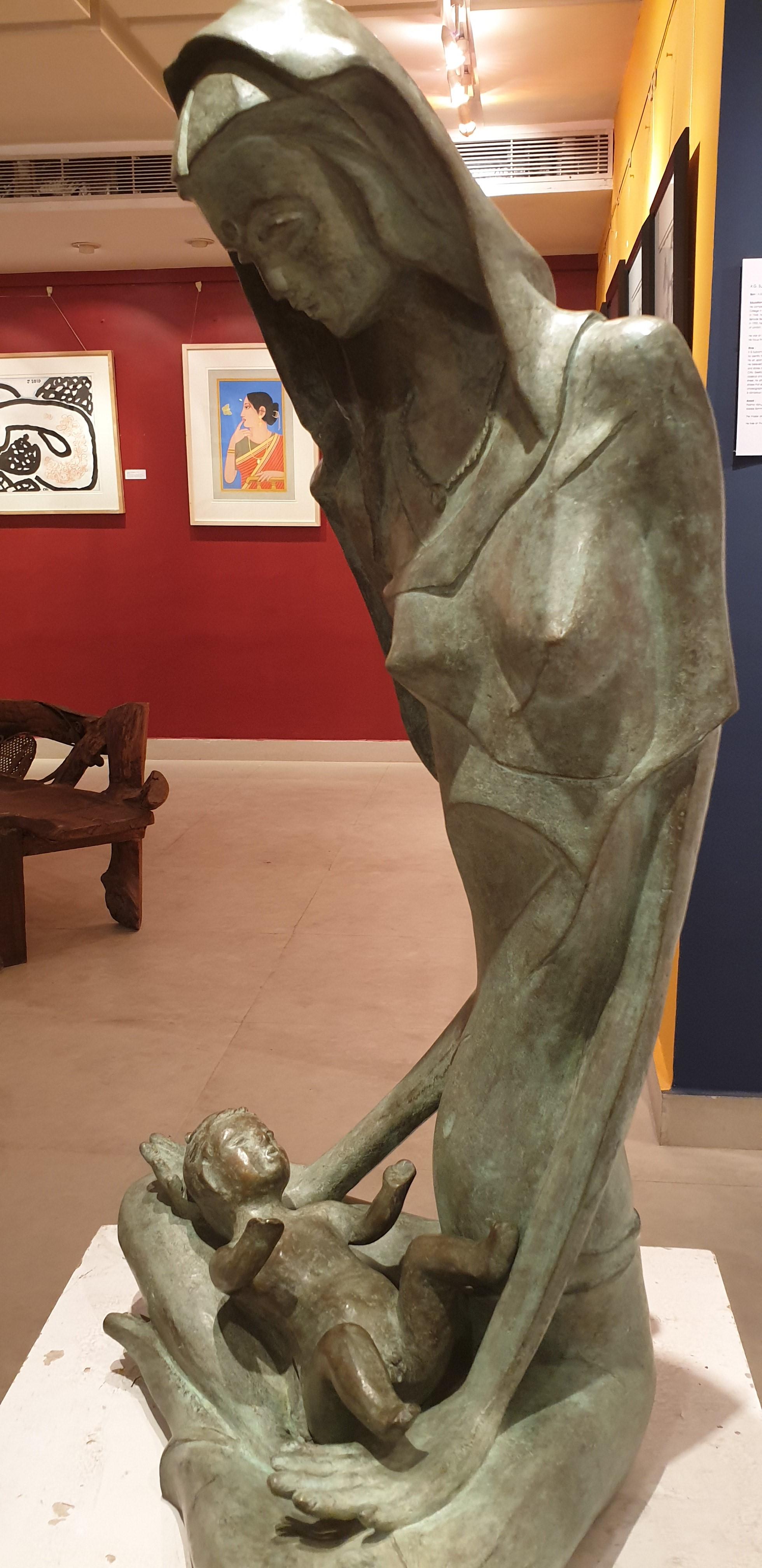  Mother & Child, Bronze, Green-Brown patina; famous Indian artist 