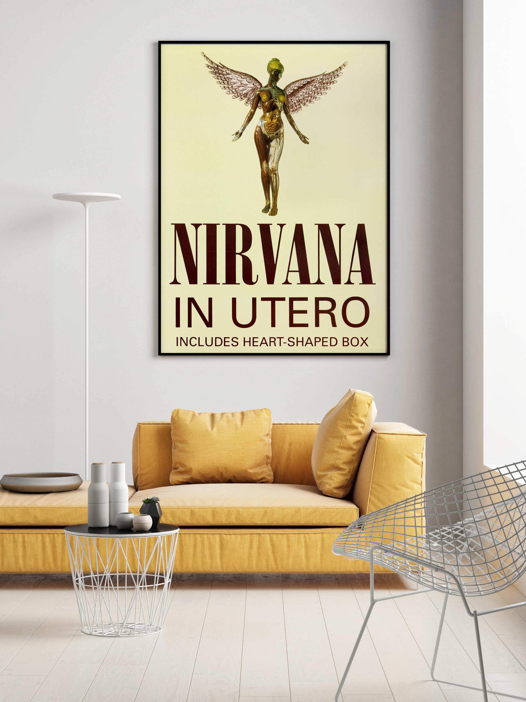 An oversized UK promotional poster for the September 1993 release of NIrvana's third and final studio album 'In Utero,' following the chart success of the album's lead single 'Heart Shaped Box' in August. Like frontman Kurt Cobain's lyrics, the