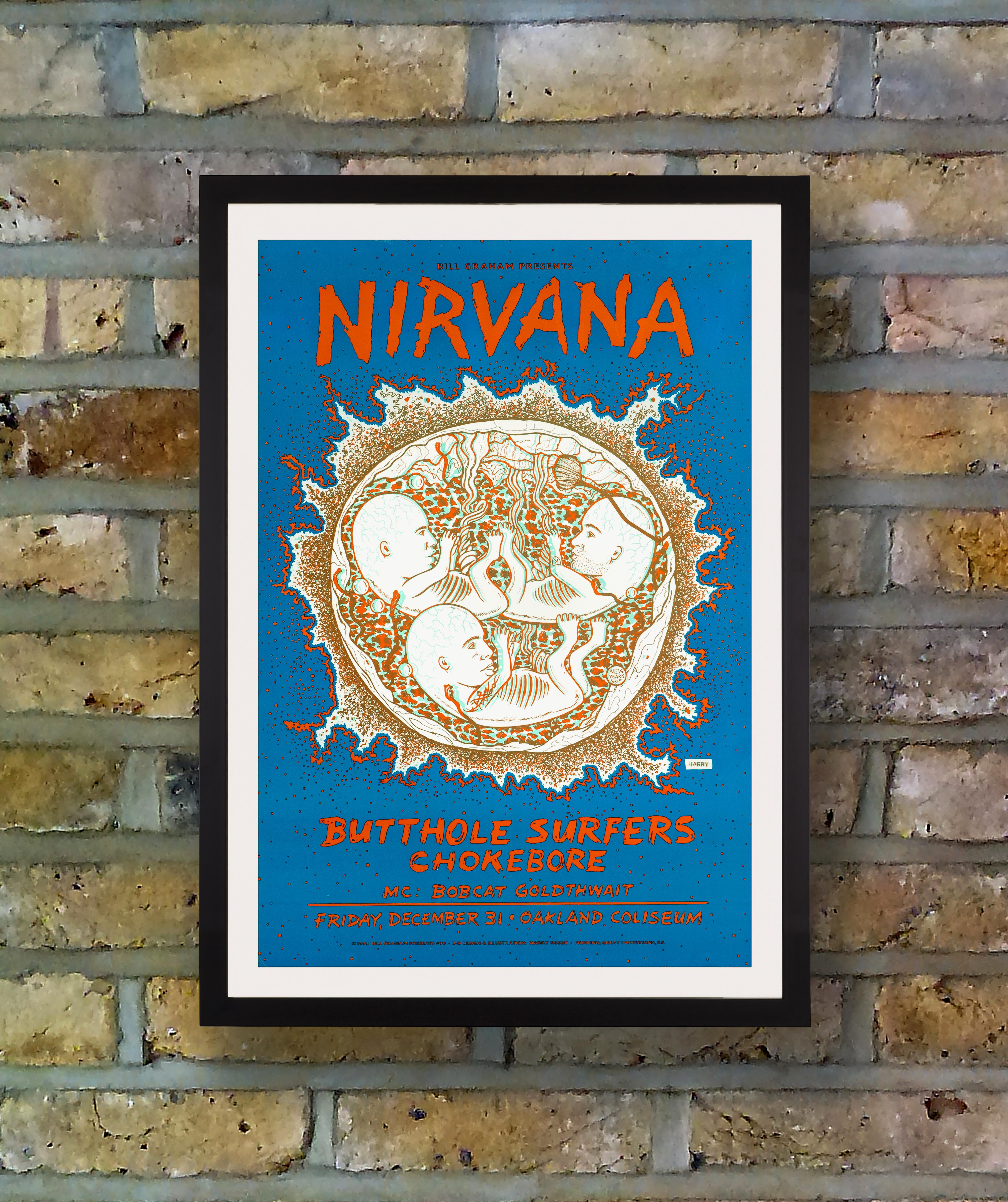 Ein seltenes kleinformatiges Konzertplakat für einen Silvesterauftritt von Nirvana mit Unterstützung der Butthole Surfers und Chokebore im Oakland Coliseum, Kalifornien, am 31. Dezember 1993, präsentiert vom legendären Konzertveranstalter Bill